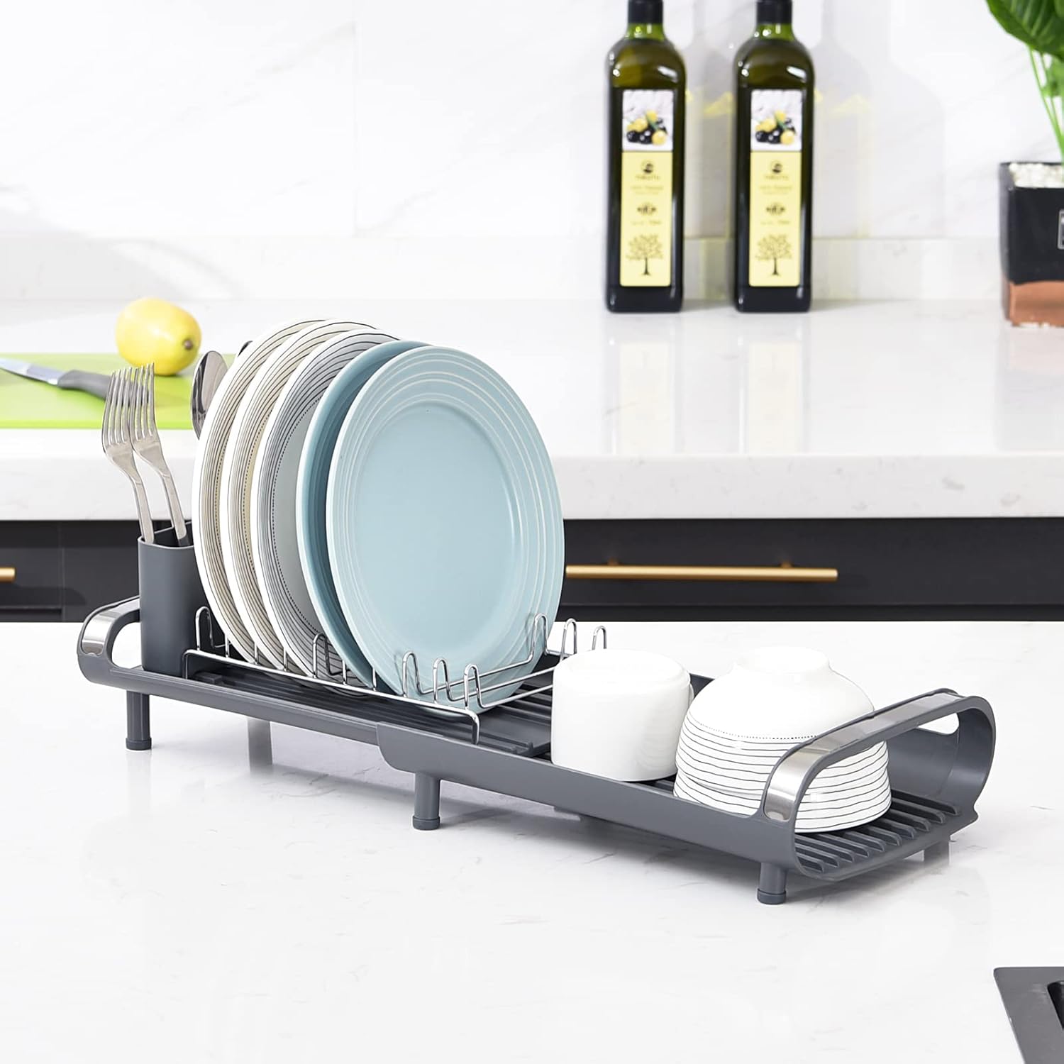 Dish Drainer Rack, Small Dish Drainer, Expandable Dish Rack With Removable Cutlery Holder, Anti Rust Small Drying Rack for Sink, Compact Draining Board Rack For Kitchen Counter, Grey - Image 7