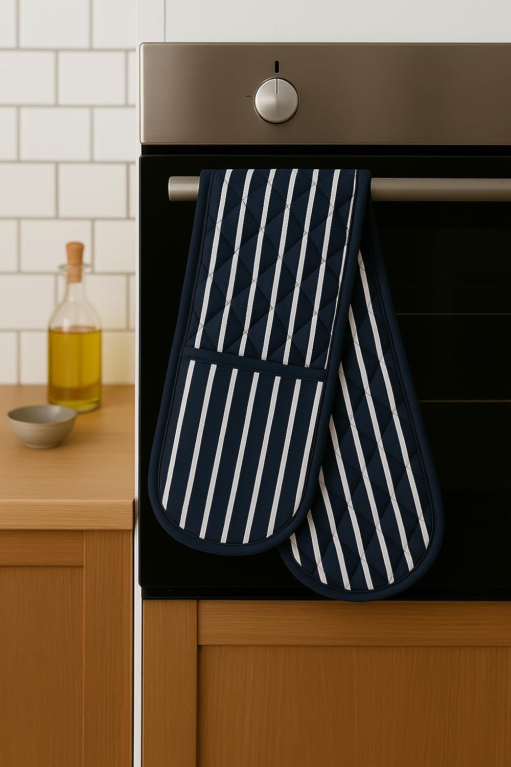 Butcher Stripe Double Oven Gloves Quilted Heavy Duty Cooking Potholder Heat Resistant Mitt 18x90cm (Navy) - Image 5