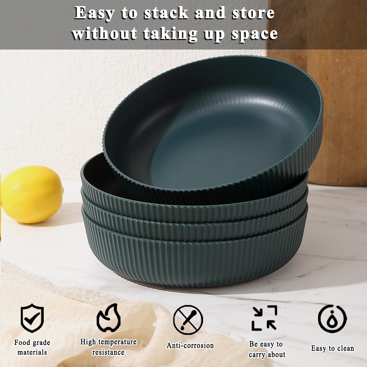 Kyraton Pasta Bowls Set of 4, 1.1L Large Pasta Serving Bowl Plastic Unbreakable Serving Dishes (Dark Green) - Image 4