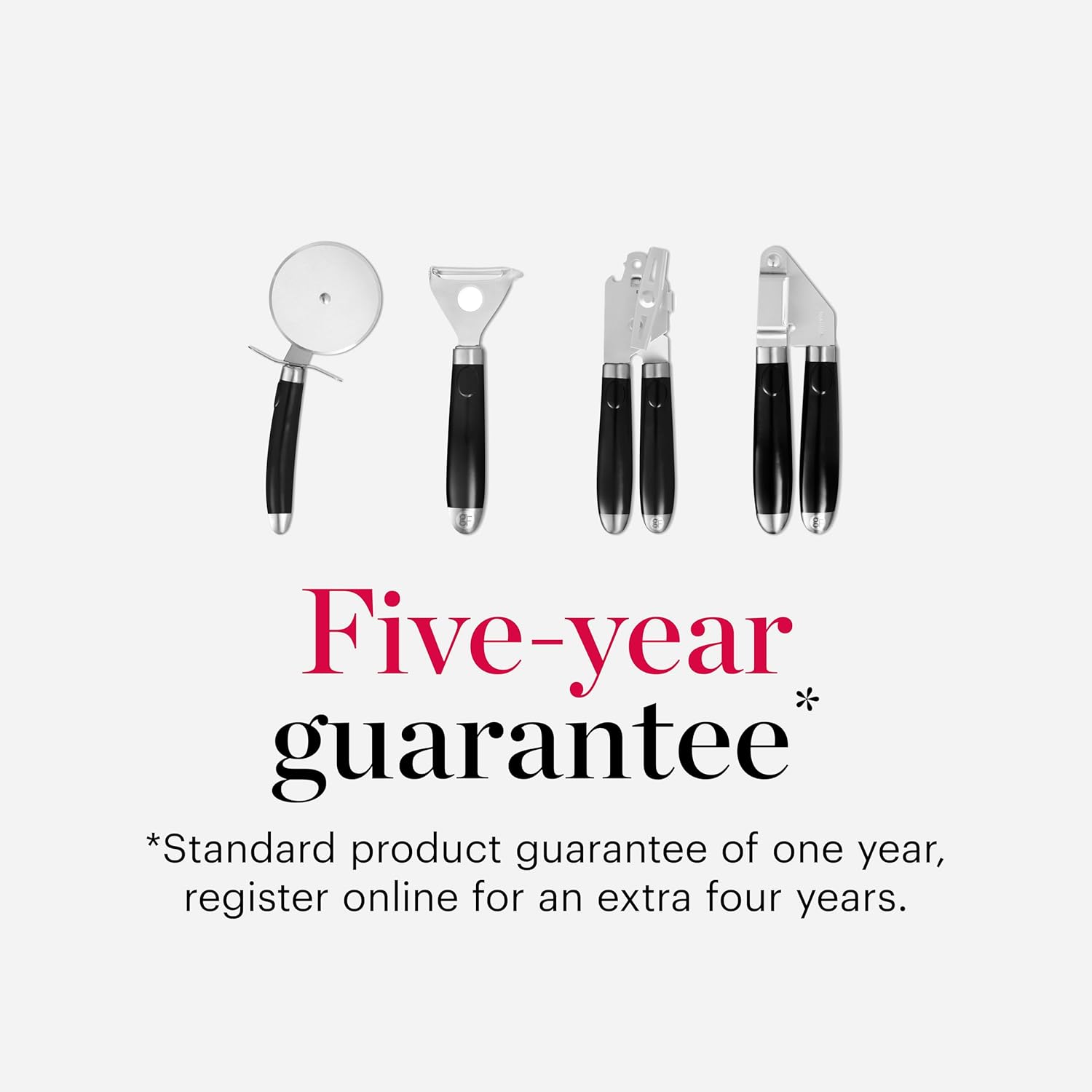 Good Food in Partnership with Tower 4Pc Gadget Set, Pizza Cutter, Y Peeler, Can Opener, Garlic Press, Stainless Steel Heads, Black, GF832253 - Image 9
