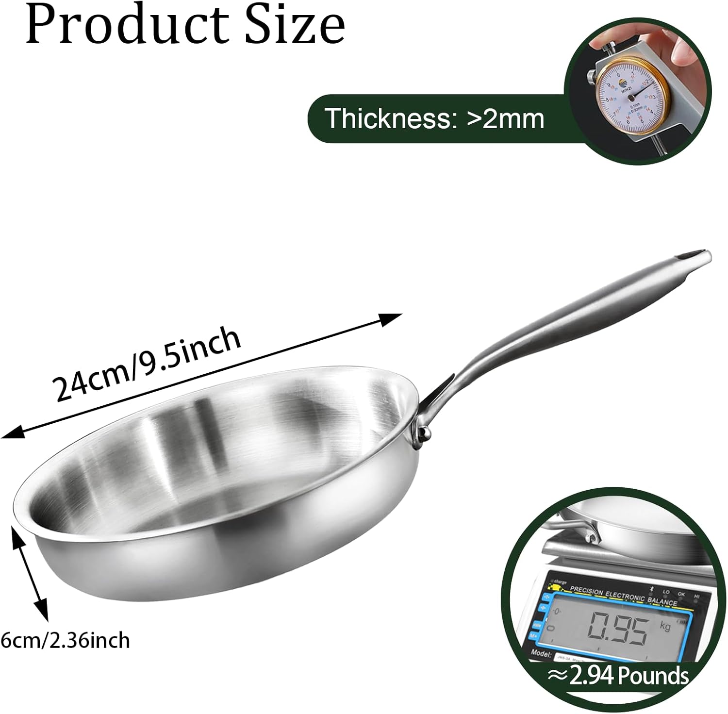 Tri-Ply Stainless Steel Frying pan 24cm, Induction Skillet 9inch, Cooking Pan, Fast & Even Heat, Compatible with All Cooktops Up to 315℃ - Image 7