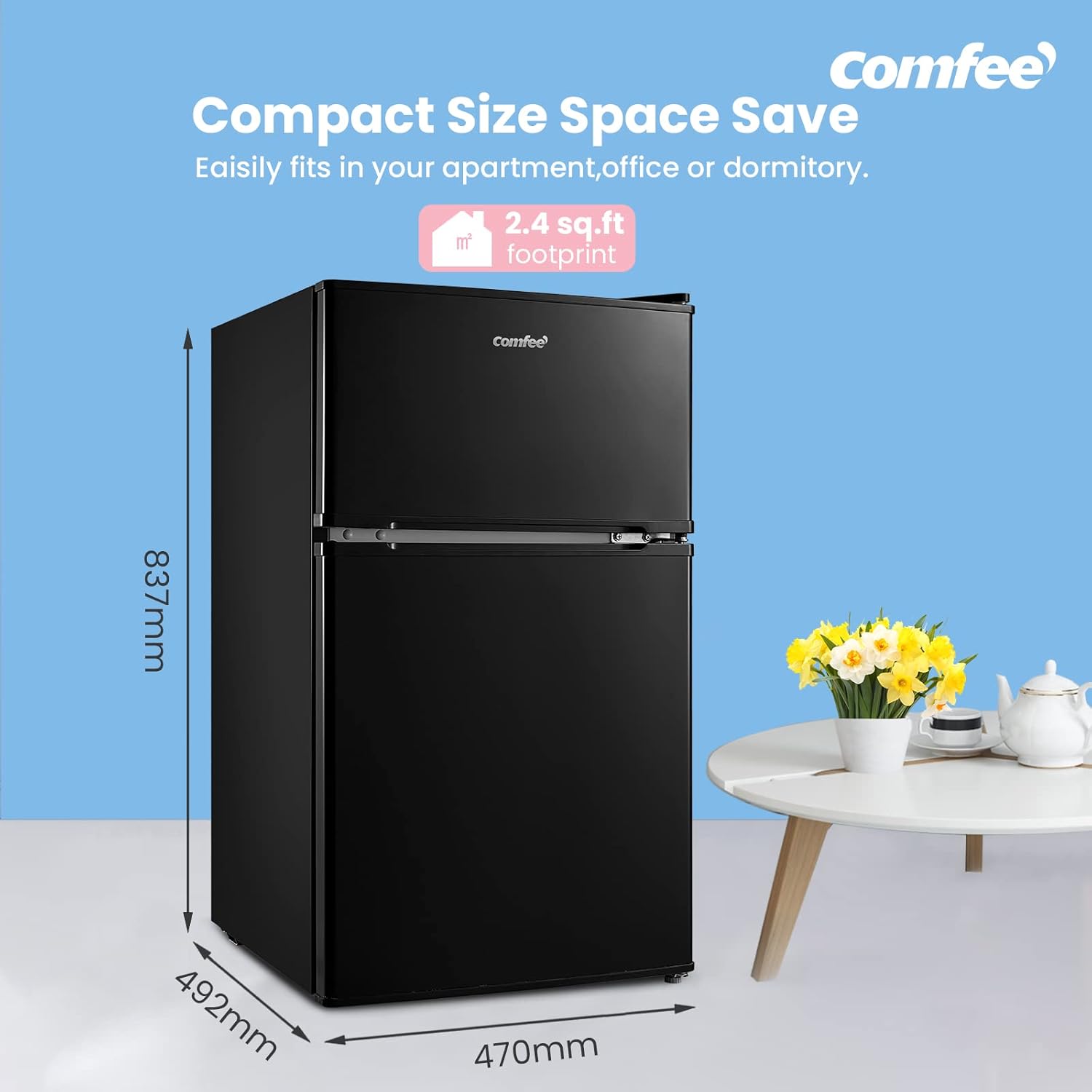 COMFEE' RCT87BL2(E) Under Counter Fridge Freezer, 87L Double Door Small Fridge Freezer with Light, Removable Shelves, Adjustable Thermostats, Reversible Doors Black - Image 3