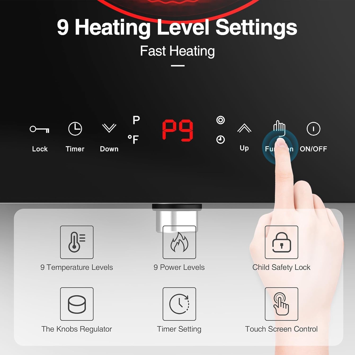 VBGK 2 Ring Electric Hob with Handle, 3520W Ceramic Hob 2 Zone, Double Electric Ceramic Hob Countertop, Safety Lock & 3H Timer, 220V-240V Plug in - Image 8