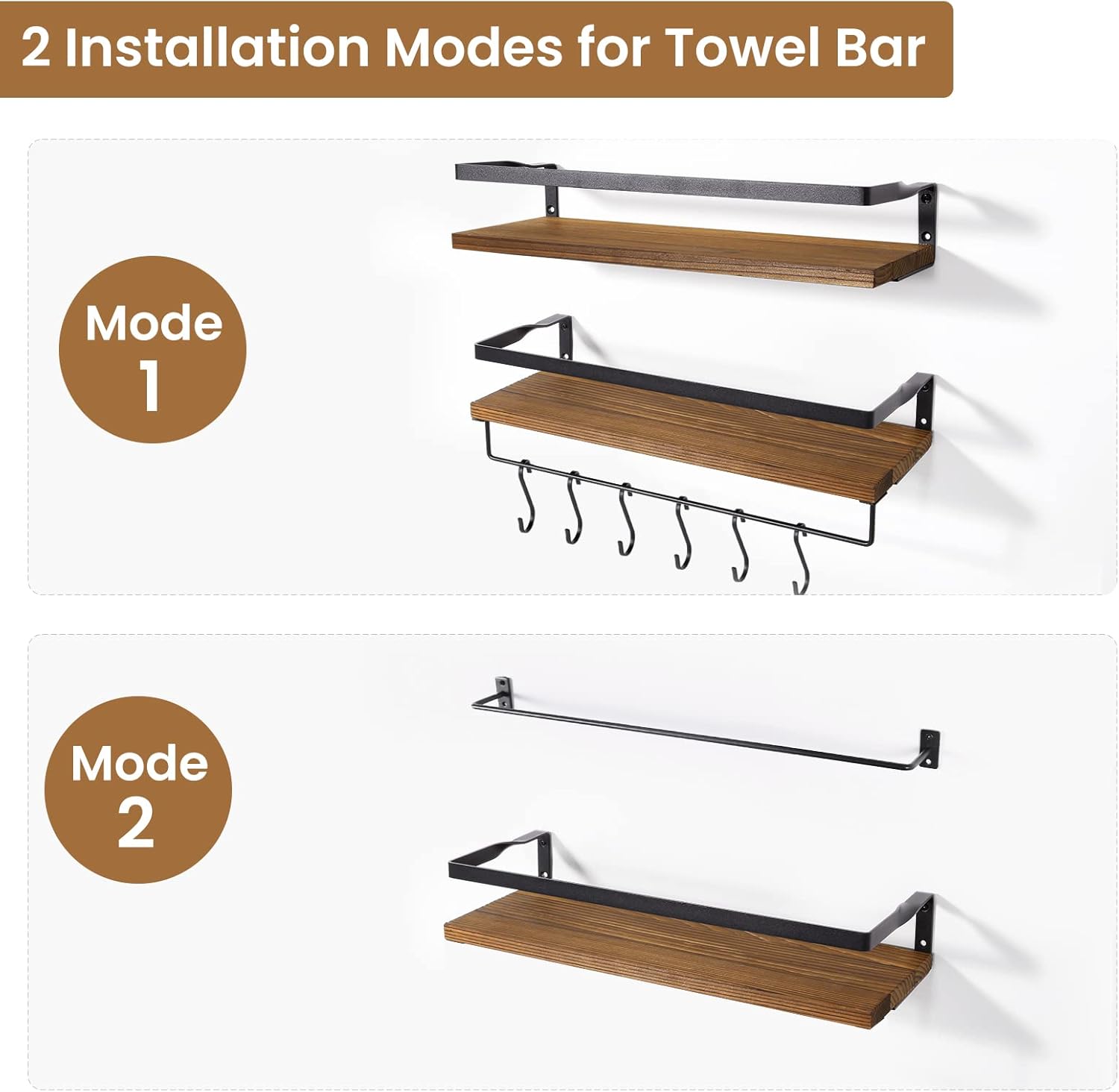 AGM Floating Shelves Wall Mounted Shelf, Wooden Wall Shelves Racking Set of 2 for Bedroom, Bathroom, Living Room, Kitchen Storage w/ 1 Towel Bar and 8 S-Hooks, Max Load 33lbs - Image 4