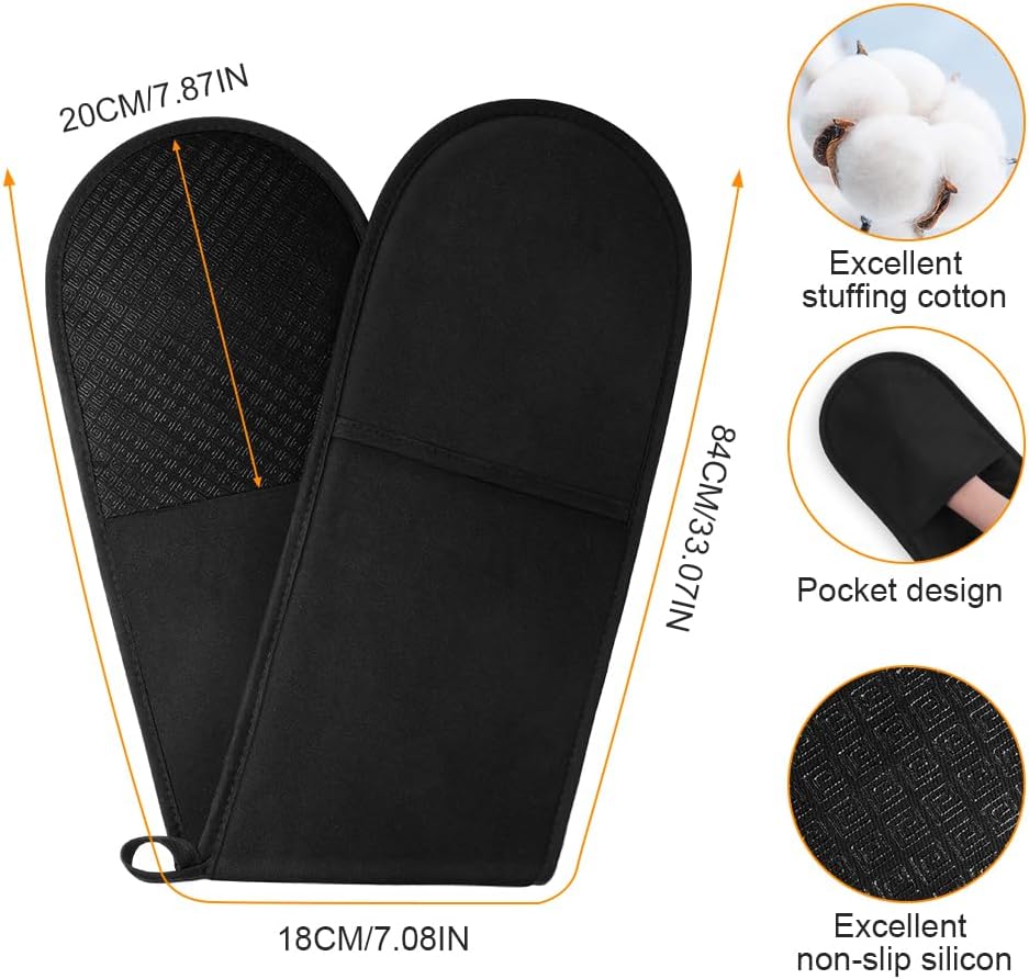 AUAUY 1 PC Black Double Oven Gloves, 250°C/482°F Heat Resistant BBQ Oven Mittens with Ropes, Silicone Non-slip Design Gloves-Oven Mitts, Cooking Oven Glove Mitts for Cooking Baking Grilling - Image 2
