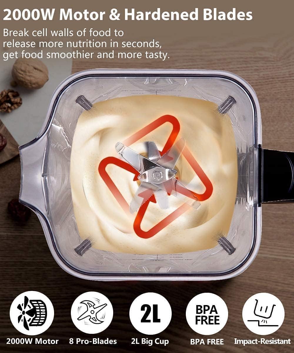 AMZCHEF Blender Smoothie Maker - 2000W Commercial Blender with 2L BPA Free Container - 25000RPM High Speed blender with 8 Speeds Control for kitchen - 4 Presets for Ice/Juice/Smoothie/Nuts - Image 6