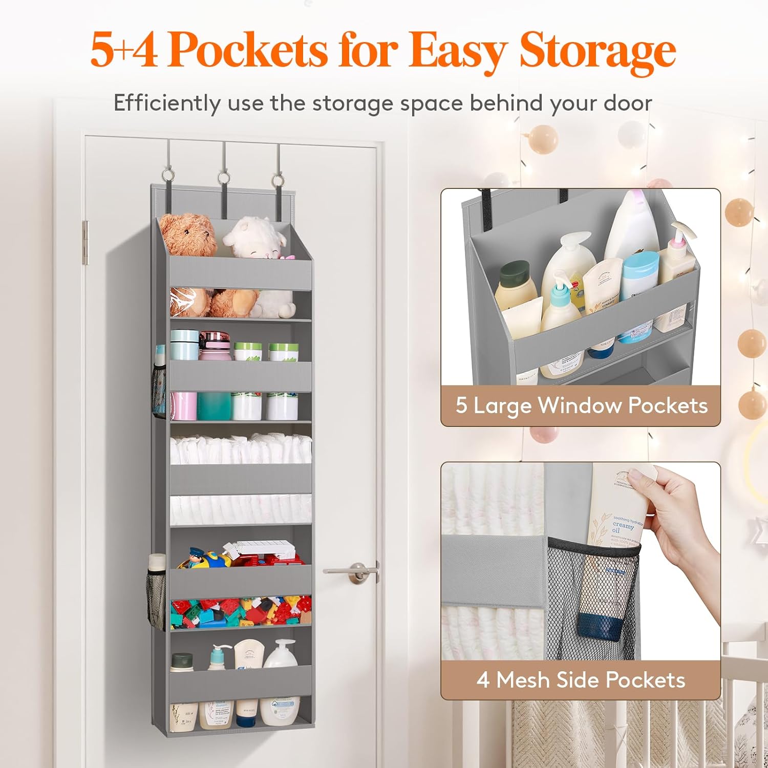 Lifewit Over the Door Storage, Clear Hanging Organiser with 4 Side Pockets, Anti Tilt 40 lbs Load Behind Door for Dorm, University Essentials, Room, Bedroom, Nursery, Light Grey, 5 Shelf, 1 Pack - Image 4