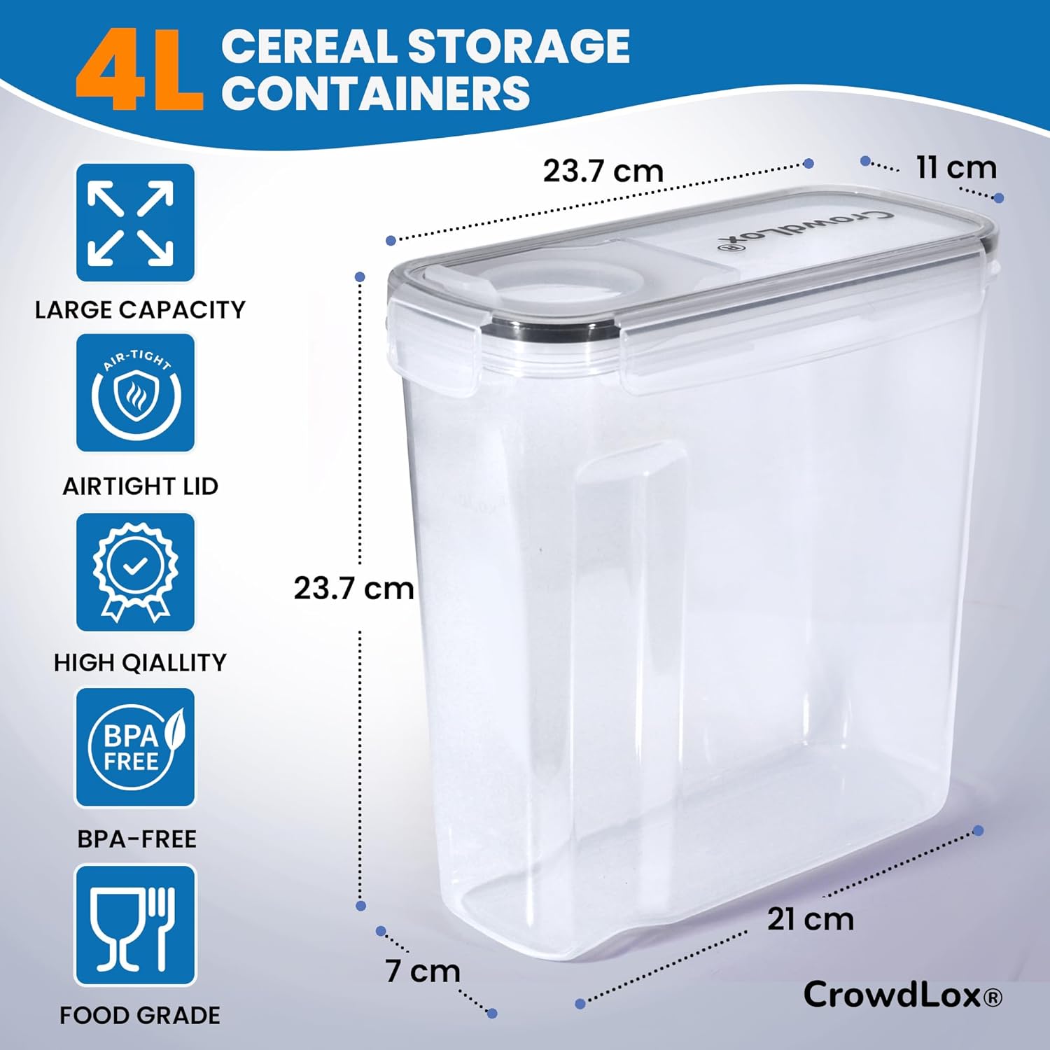 Cereal Storage Containers 4L Food Grade and BPA Free Sets with Lids Kitchen Storage & Organisation Food Containers Large Kitchen Organiser for Cornflakes (Single Unit) - Image 2