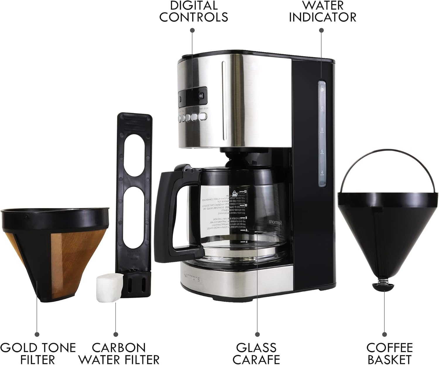 Kenmore Filter Coffee Machines 12-Cup Drip Coffee Makers with 1.8L Glass Pot for Ground Coffee Digital Display Programmable Timer Reusable Filter Auto Shut Off Warming Plate Kitchen Appliances Black - Image 4