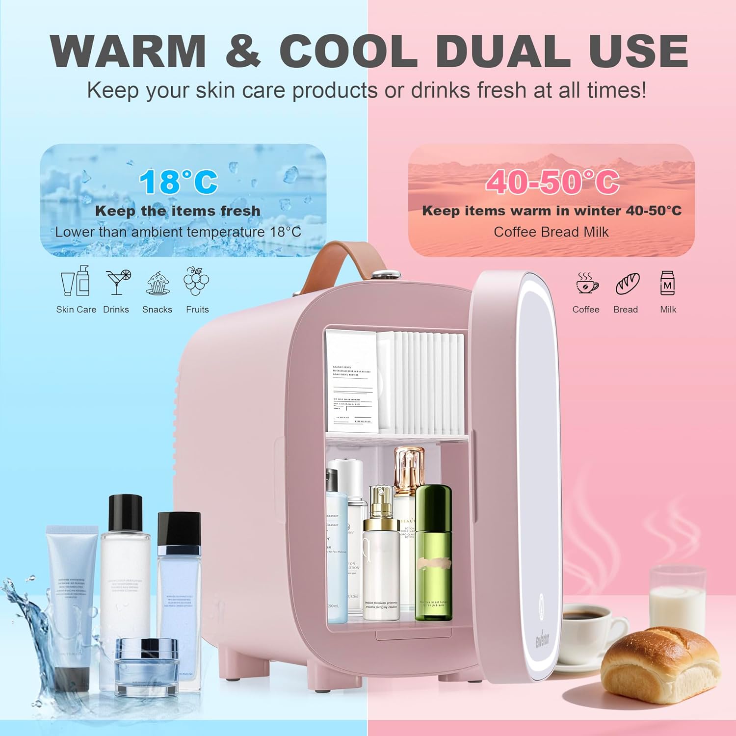 Enventor Mini Fridge 4L/ 6 Can, Skincare Fridge With Dimmable LED Light Mirror, AC+12V DC Power Cooler & Warmer for Bedrooms, Home, Car/Cosmetics, Skin Care and Food, Pink - Image 2