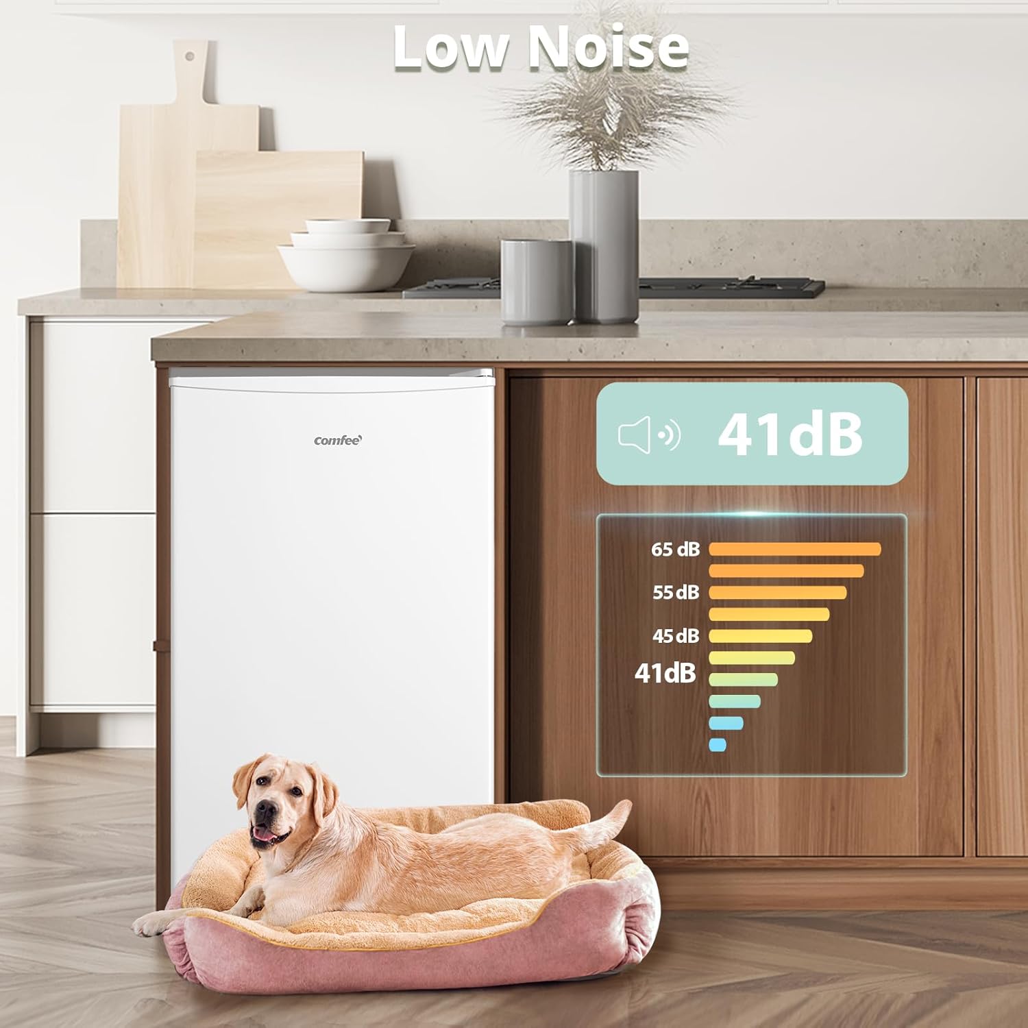COMFEE' RCU60WH2(E) 60L Freestanding Under Counter Upright Freezer, 4-Star Freezer up to -24°C, 3 Storage Compartmen, Adjustable Thermostat, Reversible Door, White - Image 3