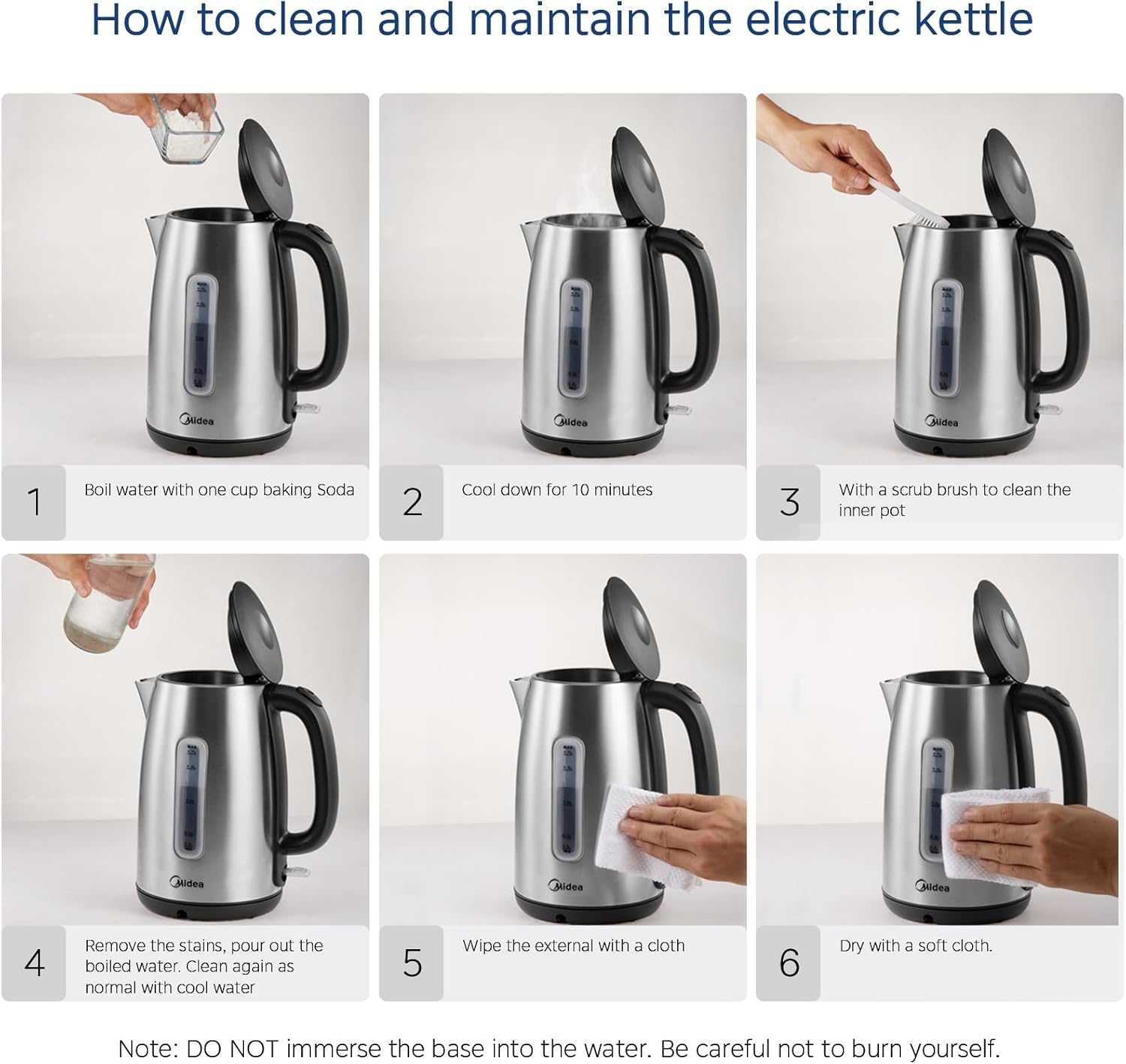 Midea Electric Kettle 3000W Fast Boil 1.7L Stainless Steel Kettle LED Indicator,Spring Lid,Removable Filter,Insulated Handle, Water Level Indicator, Dry Burn Protection,BPA-Free - Image 8