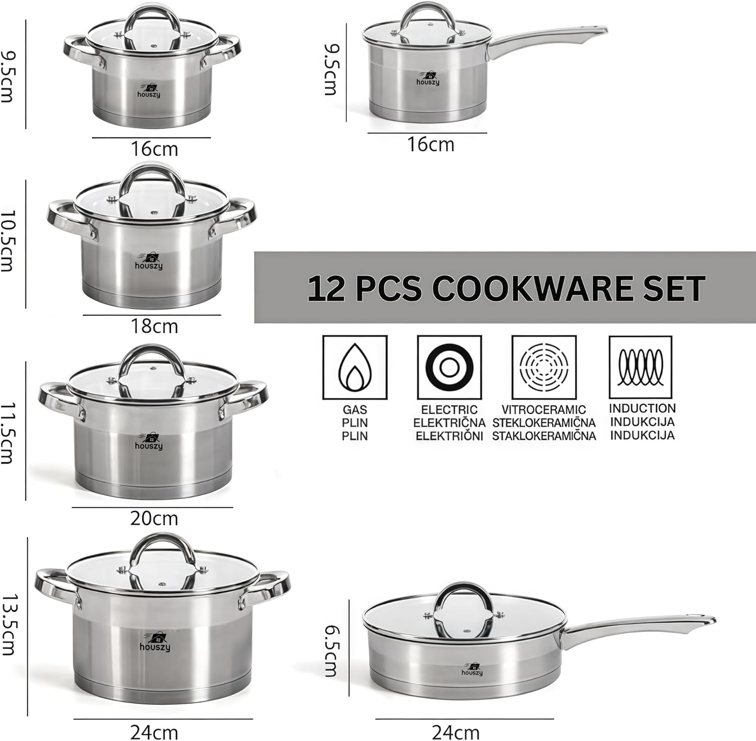 12PC Cookware Set - Saucepan Frying Pan Casserole Stainless Steel Cookware Non Stick Kitchenware Glass Lids Strong Quality Long Lasting & Durable - Image 2