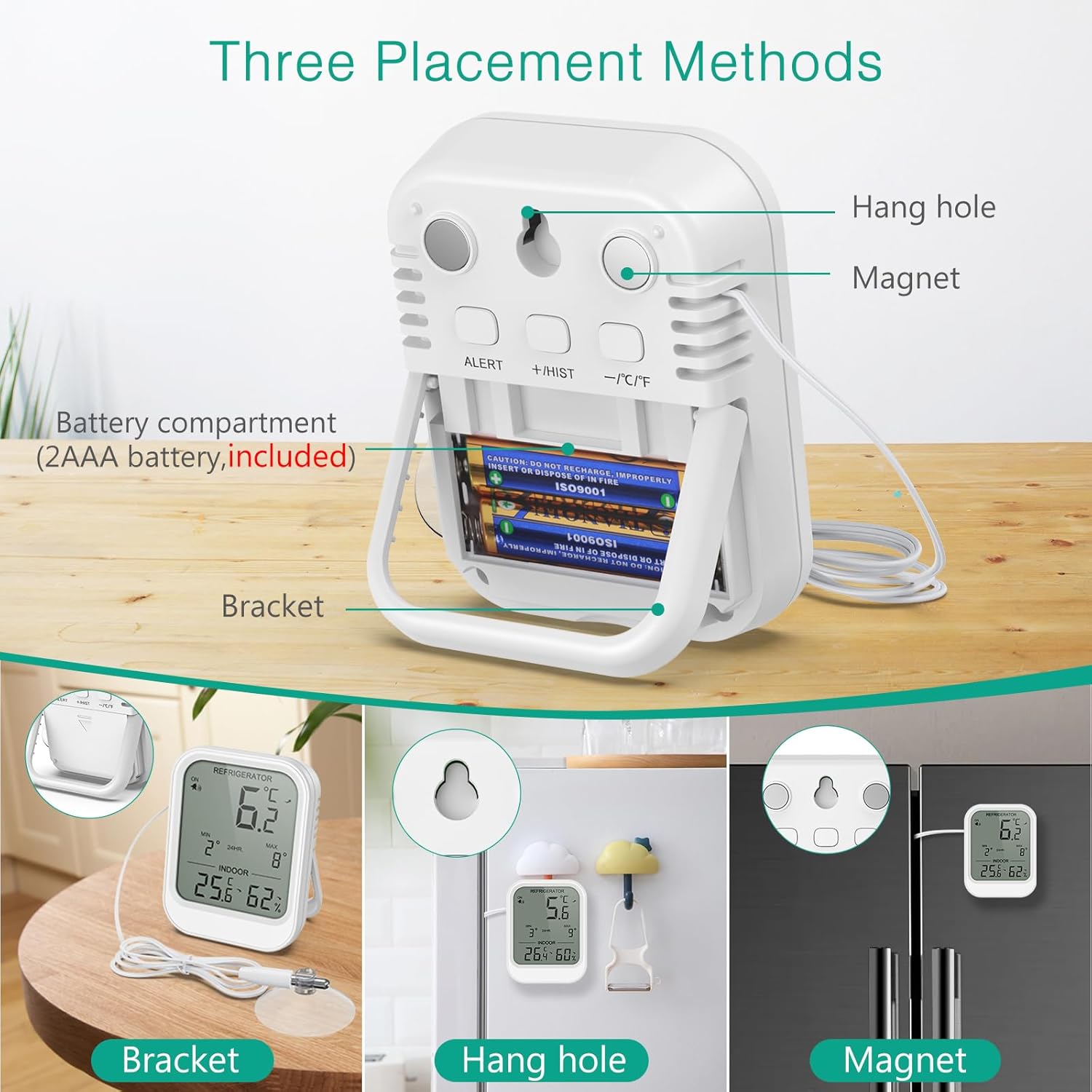 ORIA Refrigerator Thermometer with Waterproof Probe, Digital LCD Thermometer Temperature Monitor with Suction Cup, Temperature Alarm, Min/Max Value, 3 Mounting Options, for Fridge - Image 6