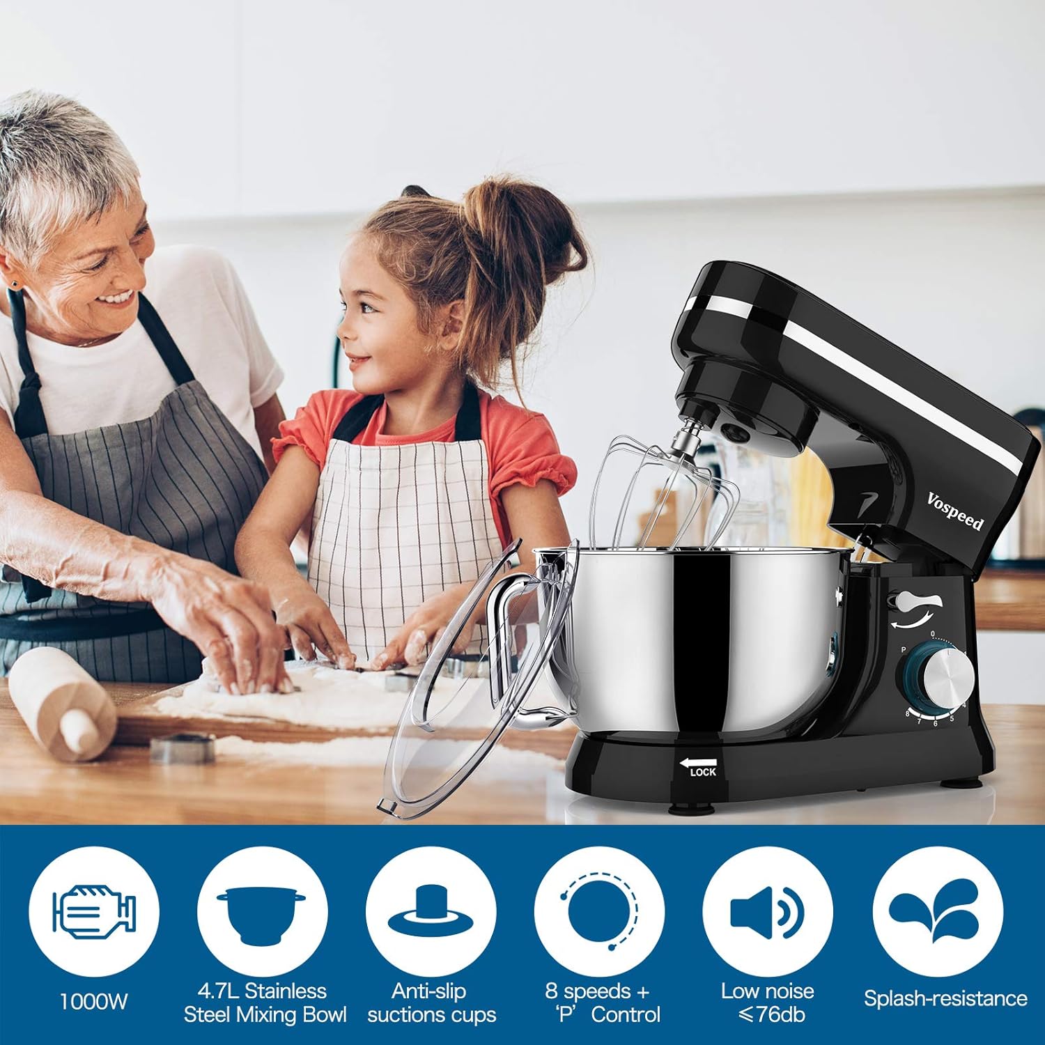 Vospeed Stand Mixer,5 Quarts 8-Speed 1000W Tilt-Head Food Mixer, Kitchen Electric Standing Mixer With Dough Hook, Whisk, Beater, Splash Guard & Mixing Bowl For Baking, Dishwasher Safe (Black) - Image 7