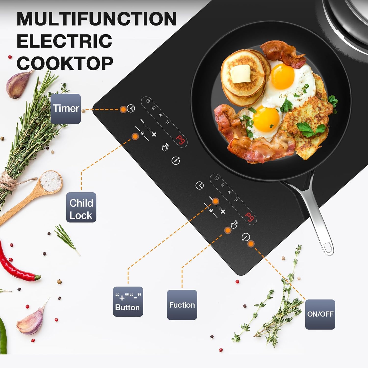 VBGK Double Ceramic Hob 3000W, Plug in 2 Ring Electric Hob with LCD Touch Control, Electric Cooktop with Safety Lock & Timer, 9 Power Levels, Built-in and Countertop 220V-240V - Image 6