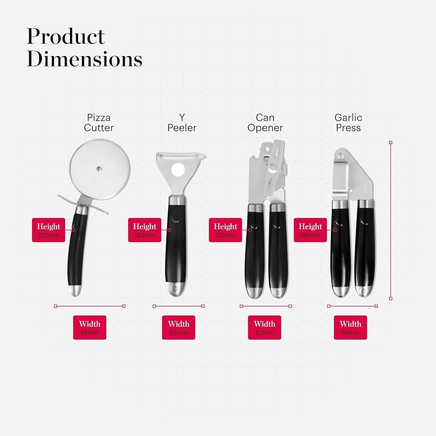 Good Food in Partnership with Tower 4Pc Gadget Set, Pizza Cutter, Y Peeler, Can Opener, Garlic Press, Stainless Steel Heads, Black, GF832253 - Image 6