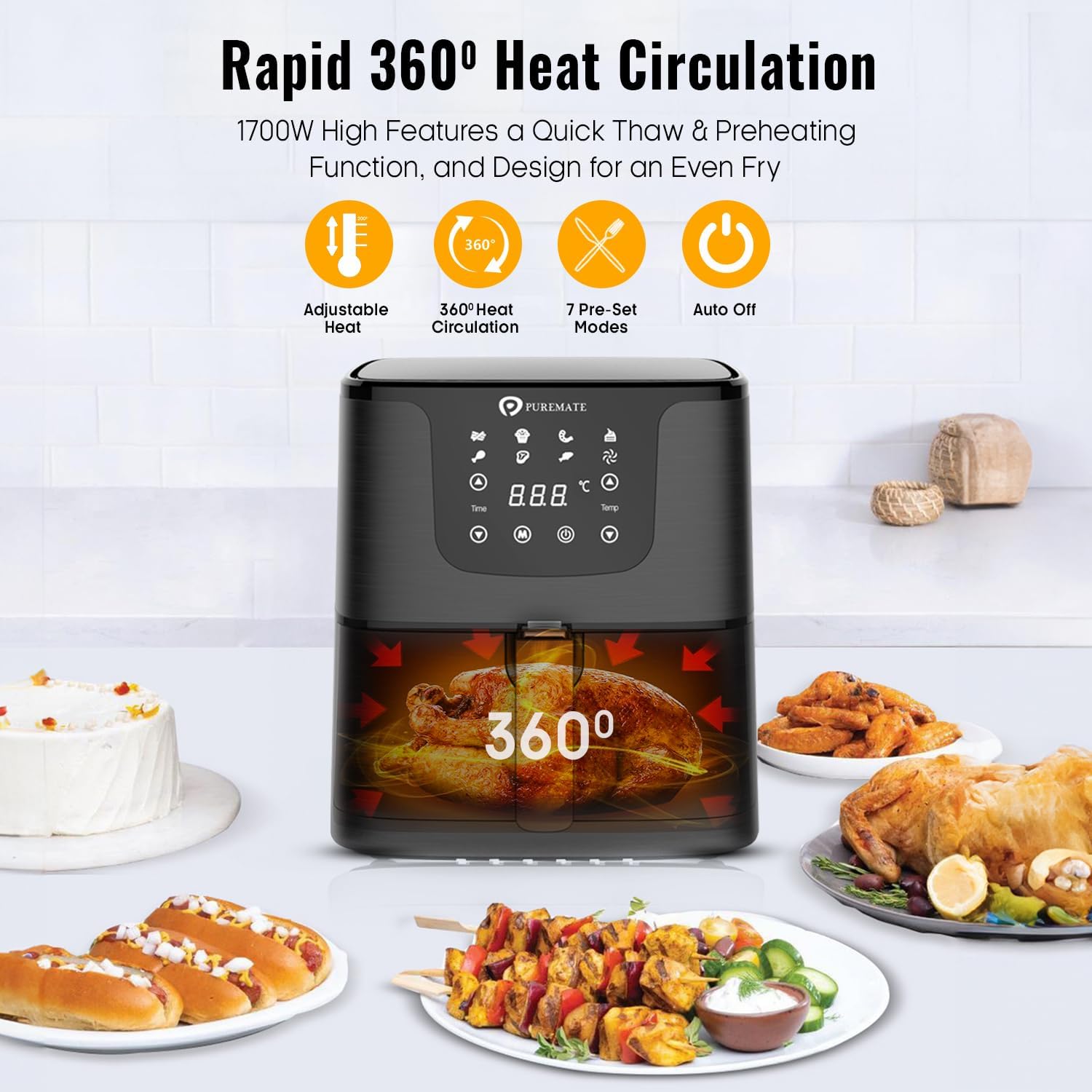 PureMate Air Fryer with Digital Display & Recipes Book, 5.5L Healthy Oil Free 1700W Air Fryer with 7 Preset, LED One Touch Screen, Timer & Adjustable Temperature Control - Image 9