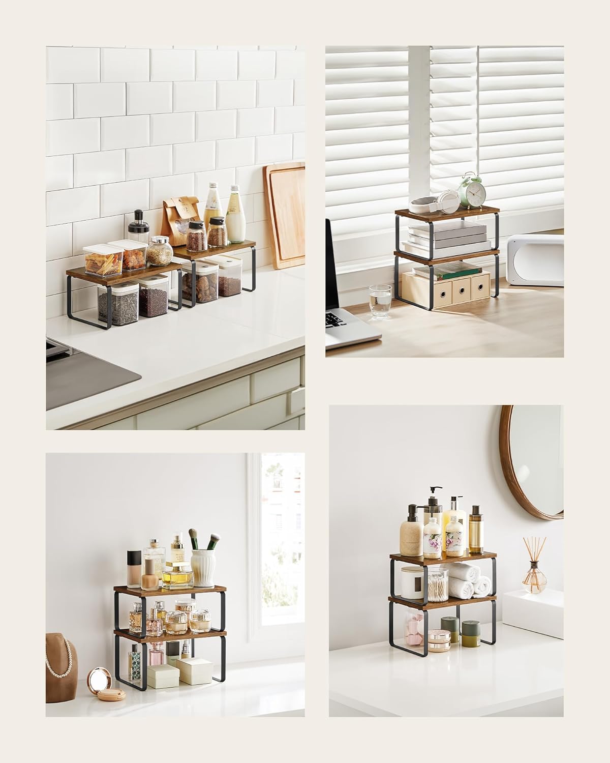 SONGMICS Spice Rack, Set of 2 Cupboard Shelf Organiser, Expandable Kitchen Shelf Organiser, Stackable Spice Holder, Metal and Engineered Wood, Black and Rustic Brown KCS020X01 - Image 6