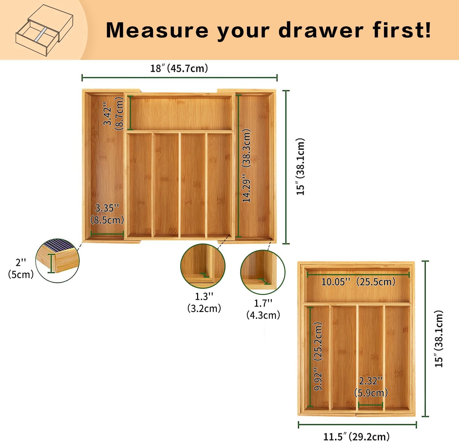 Utoplike Kitchen Bamboo Cutlery Tray, Extendable Drawer Divider, Wooden Drawer Organiser for Utensils, Flatware, Office Supplies, Tools Holder in Livingroom, Bathroom - Image 3