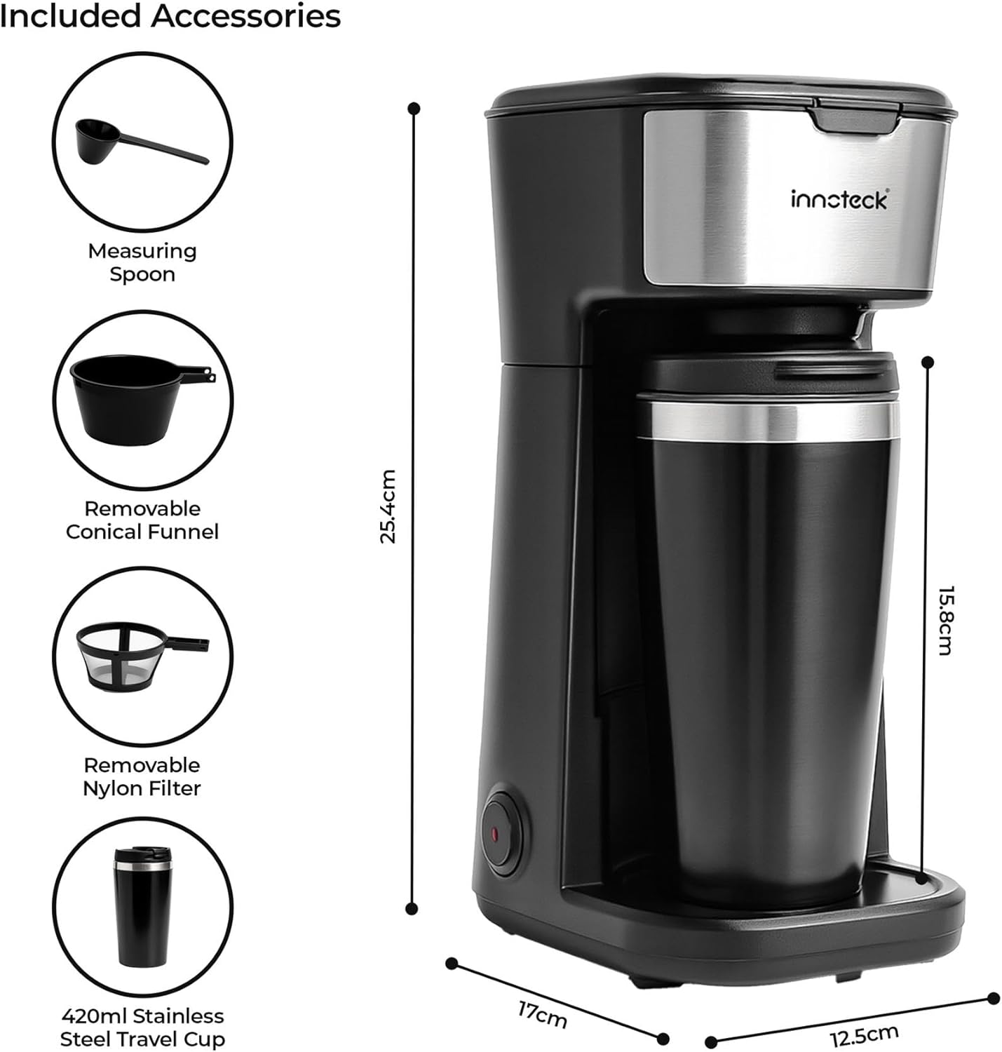 Innoteck 450W Single Serve Coffee Maker with Stainless Steel Interior 400ml Travel Mug – Compact Filter Coffee Machine with Reusable Nylon Filter, Fast Brewing & Overheat Protection – Black - Image 6