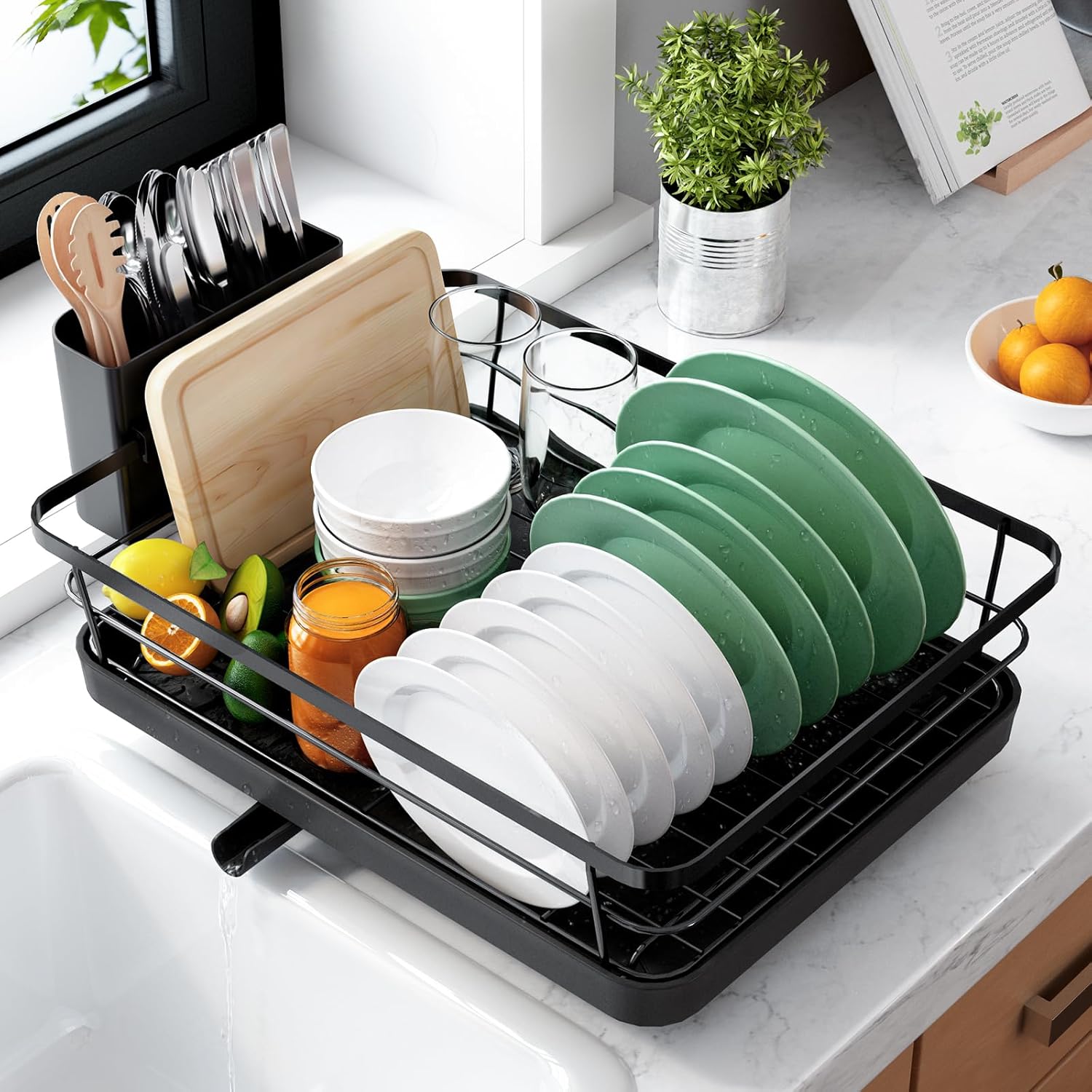 Kitsure Dish Drainer Rack- Space-Saving Dish Drainer, Dish Racks for Kitchen Counter, Stainless Steel Kitchen Drying Rack with a Cutlery Holder, Large, Black