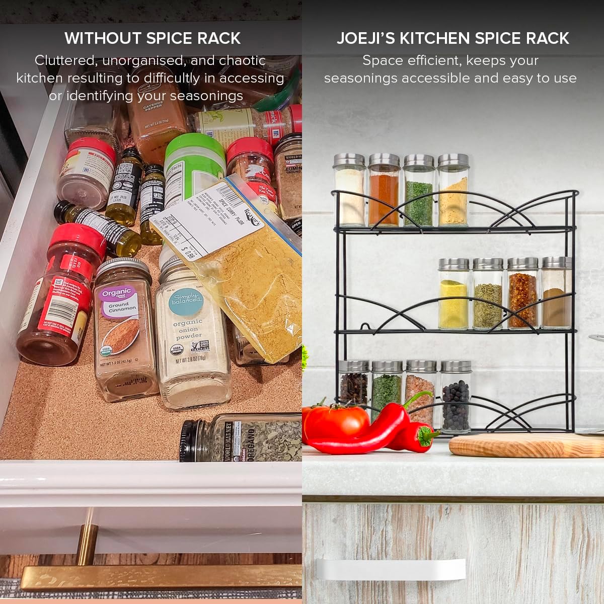 joeji's Kitchen Free Standing Spice Rack Organiser - Perfect Spices & Herbs Storage Holder - Up to 21 Jars Capacity - Suction Cups for Stability - Black - Image 5