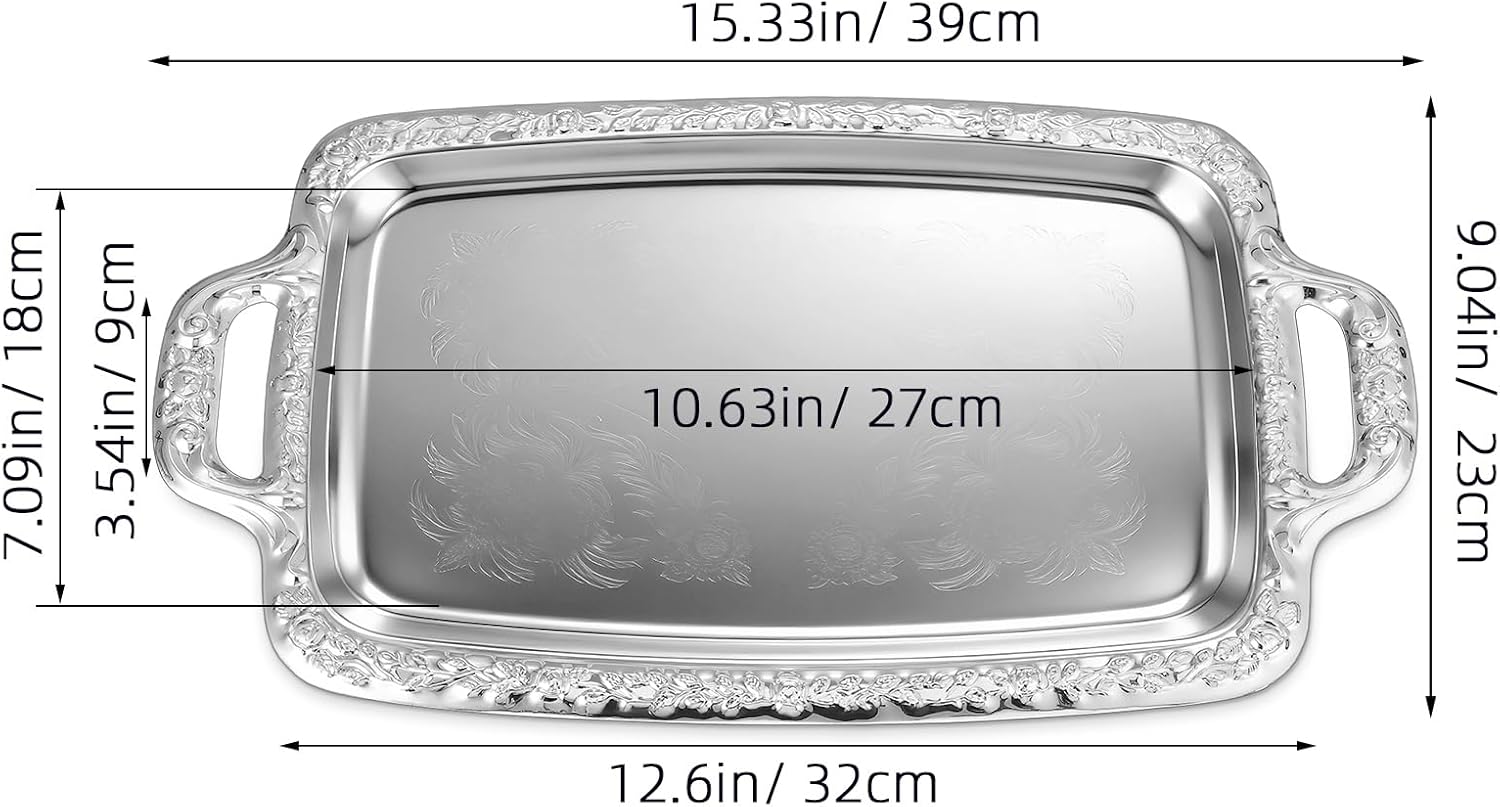 PartyKindom Serving Dishes with Handles – 15 Inch Silver Tray for Coffee Table, Large Metal Rectangle Platter for Party Food Breakfast Tea Farmhouse Home Decor - Image 3