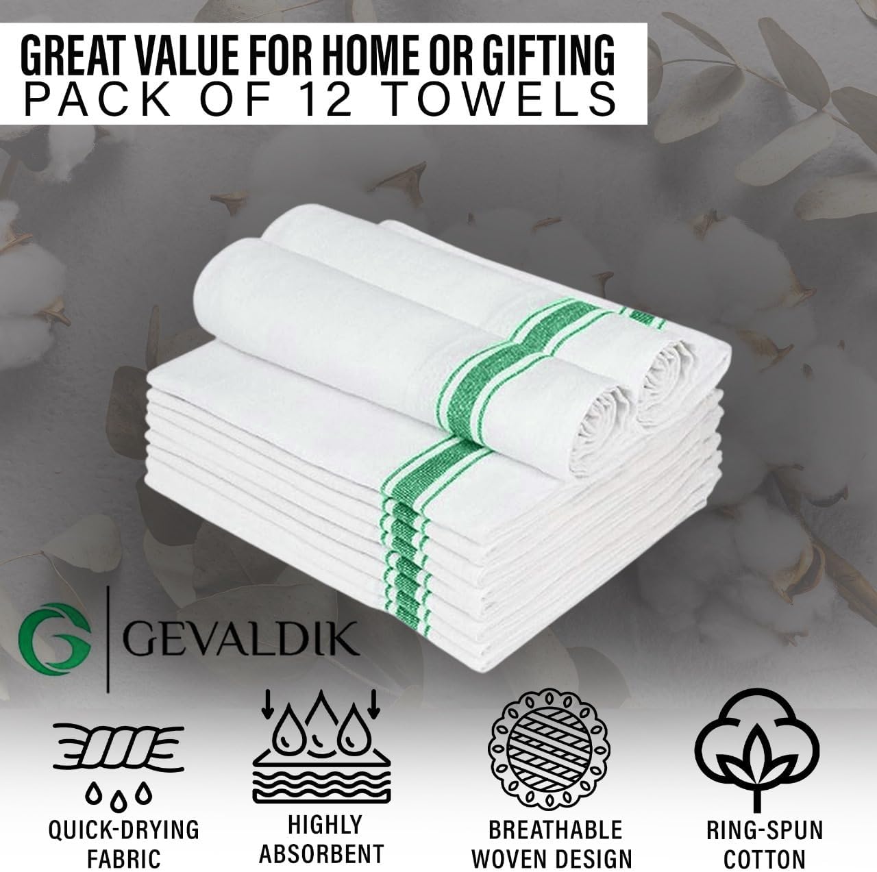 Pack of 12 Kitchen Towel's–100% Cotton, Large 20” x 30” (50cm x 76cm) Dish Towels - Ultra Absorbent, Durable, Washable Green - Image 3
