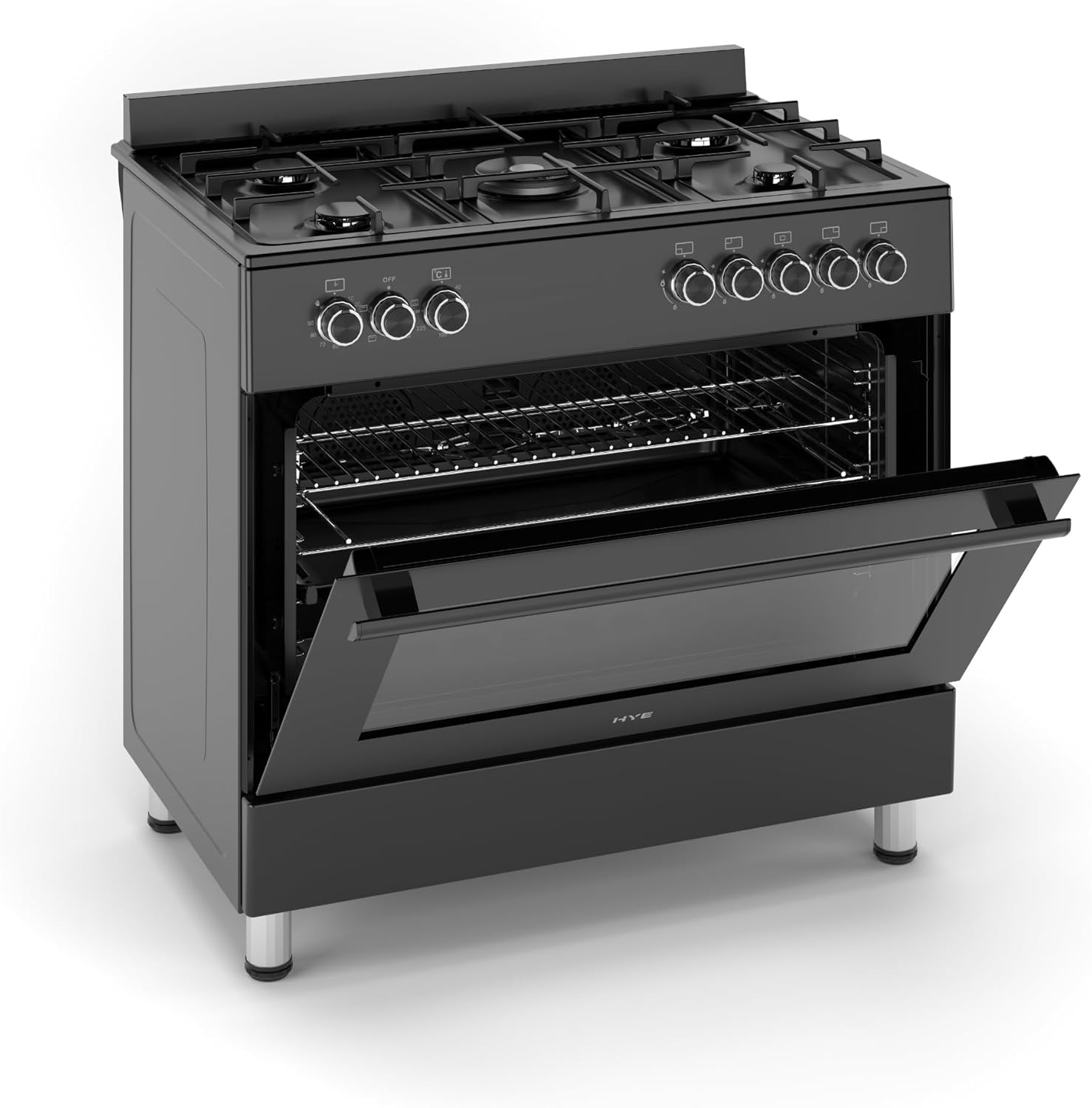 HYE Cooker - Gas Cooker, Versatile 5 Burner Gas Hob, Electric Oven, Smart Digital Controls, 90cm Width, Freestanding Design, Matte Black, Perfect For Busy Family Kitchens & Larger Homes - C01FS90G18 - Image 2