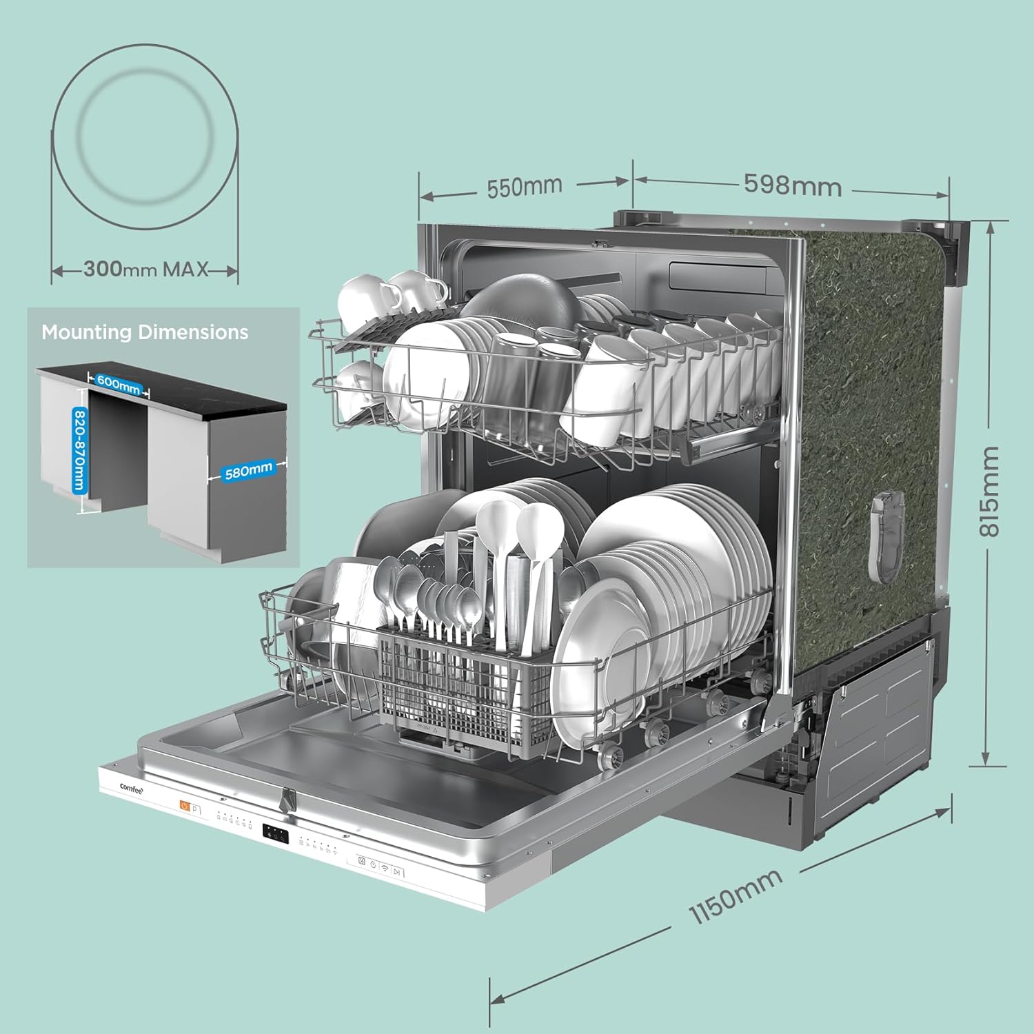 COMFEE' KWH-BD1215P-W Fully Integrated Dishwasher with 12 Place Settings, Cloud Wash, Extra Drying, Built-in Dishwasher with Delay Start, Quick Wash - White - Image 2