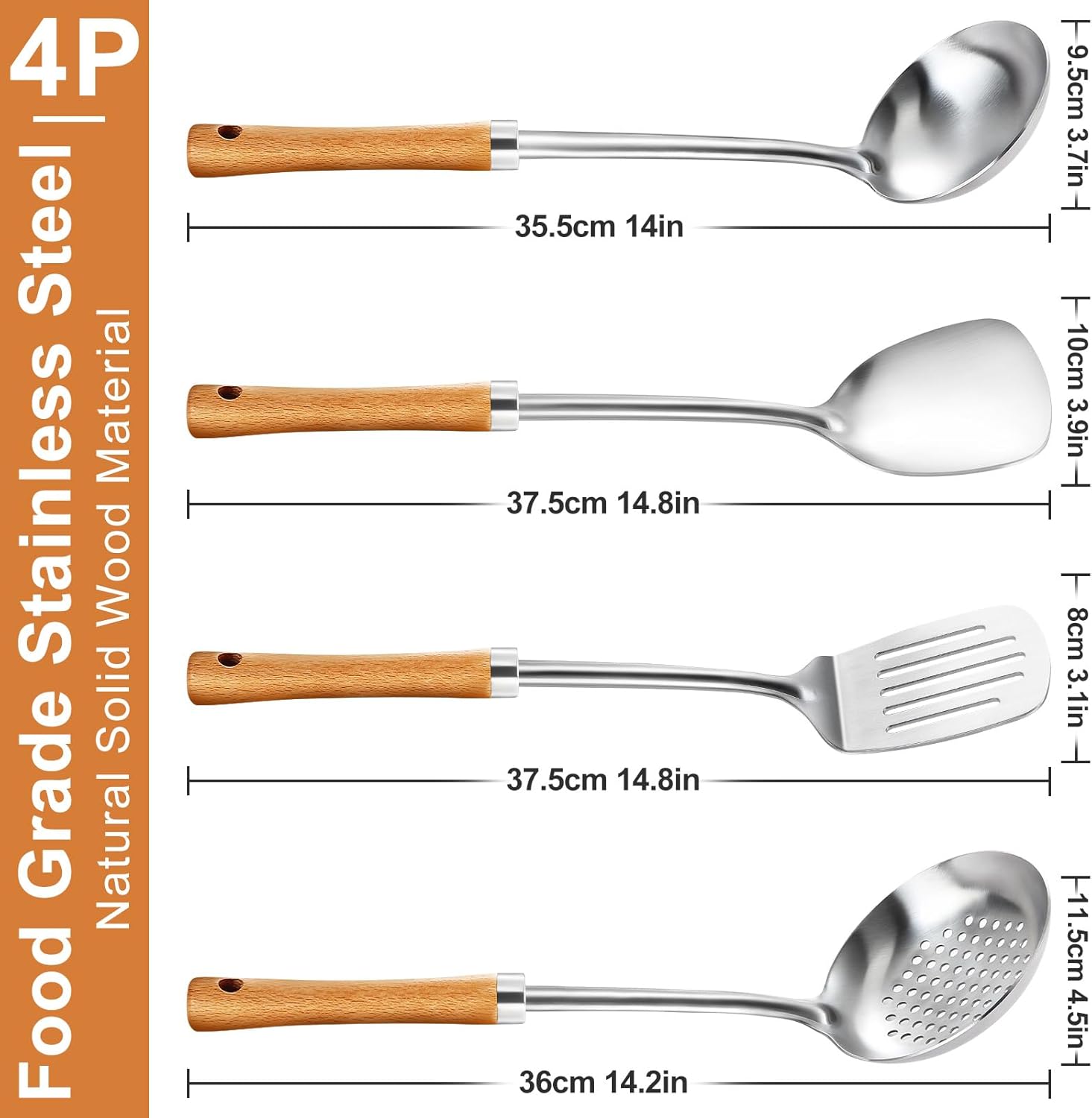 Pleafind Cooking Utensils Set - Stainless Steel Kitchen Utensils Set with Wooden Handle, 4 Pcs Utensils Set Include Wok Ladle, Slotted Spoon, Wok Spatula and Slotted Spatula - Image 2