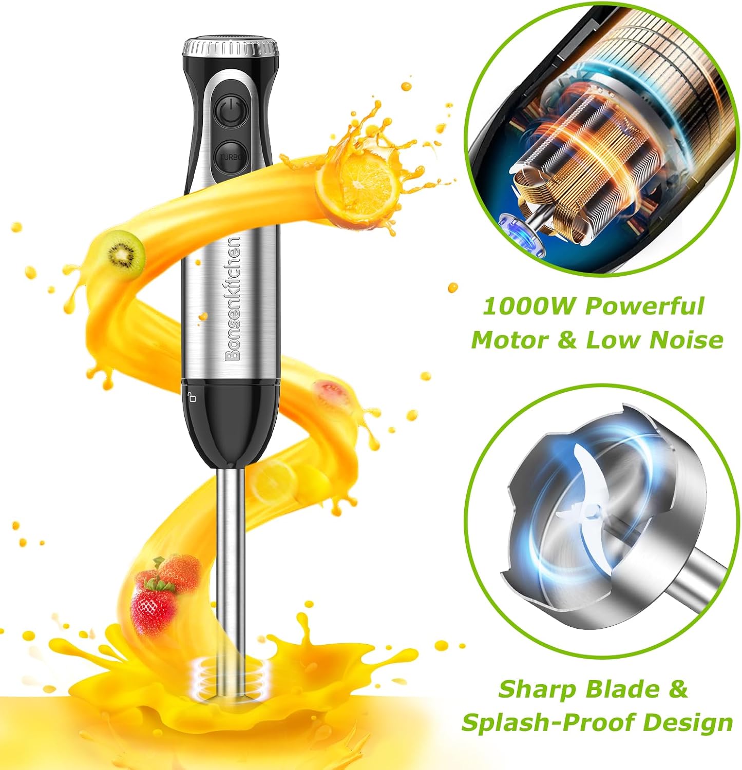 Bonsenkitchen Stainless Steel Hand Blender, 4-in-1 Stick Blender 1000W, 20 Speed Adjustable, with Whisk, 500ml Chopper and 700ml Measuring Cup, Food Processor (HB3203) - Image 6
