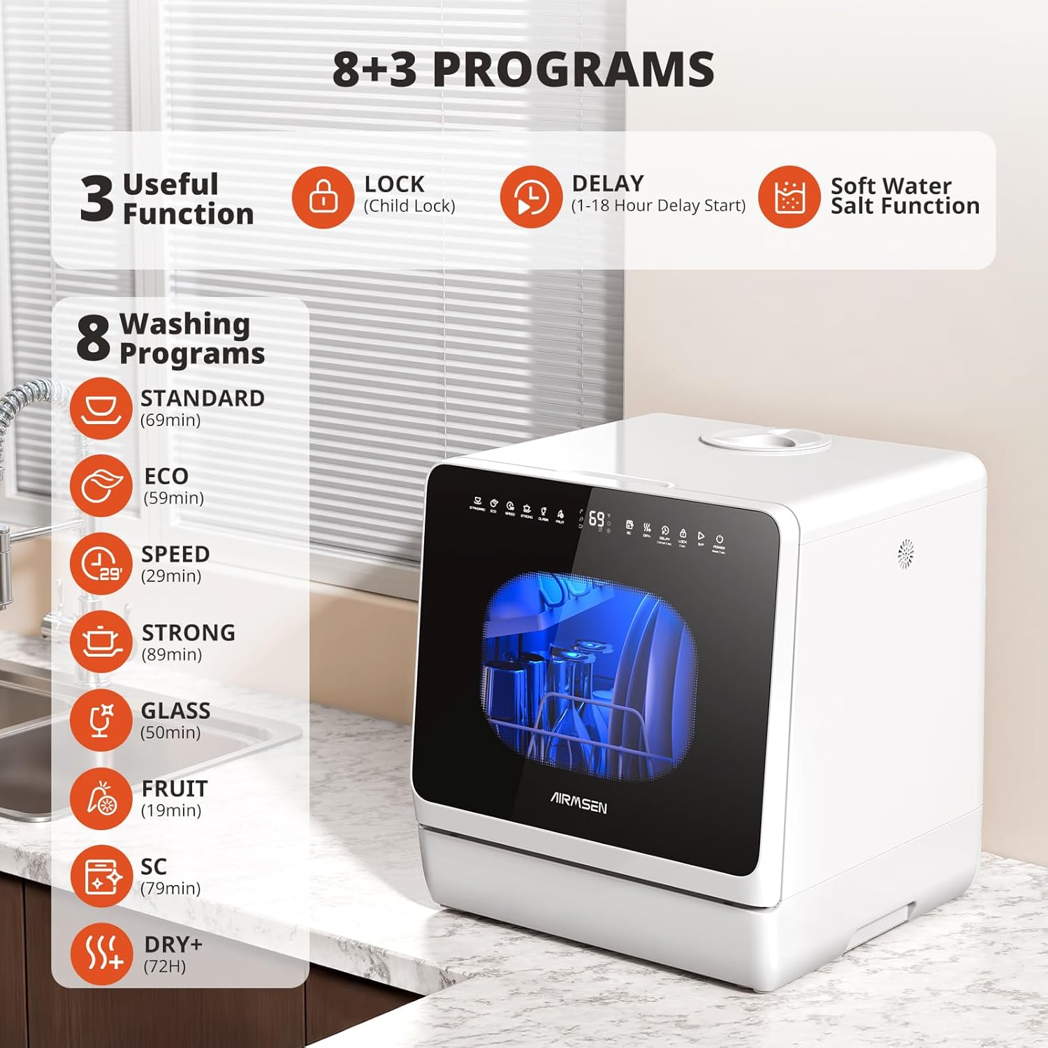 AIRMSEN 2025 NEW Upgraded Table Top Dishwasher, Countertop Dishwasher No Plumbing with Water Softener, 8+3 Wash Programs, 5L Tank, 1–18H Delay Start, Child Lock, 360° Dual Spray Arms - Image 2
