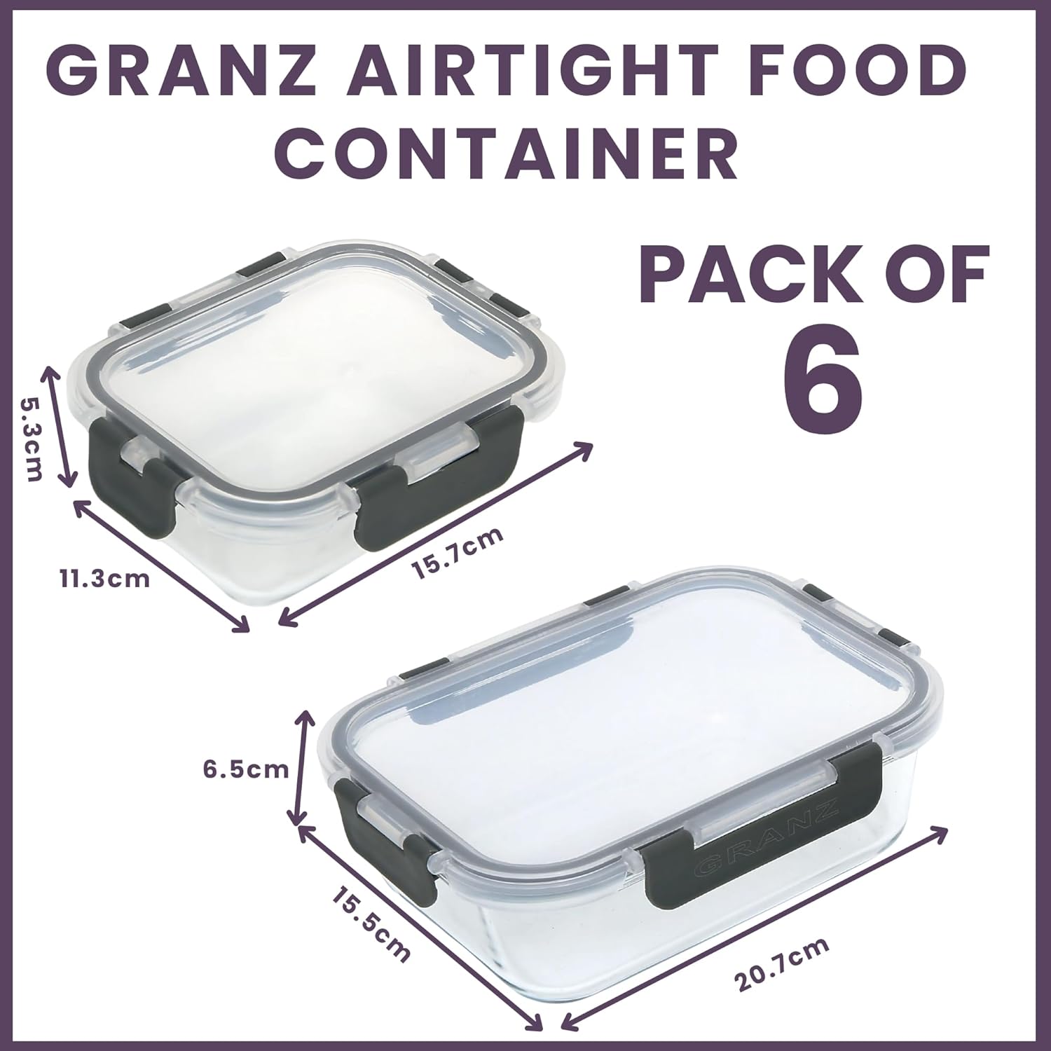 GRANZ Glass Food Storage Containers Pack Of 6 | BPA-Free Food Storage Containers, Airtight Snap Lock lid, Leak Proof Meal Prep Boxes, Stackable, Eco-Friendly, Reusable, Microwave & Dishwasher - Image 2