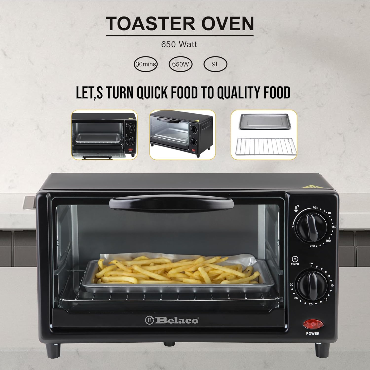 Belaco Mini 9L Toaster Oven Tabletop Cooking Baking Portable Oven 650w 100-250° Stainless steel heating tube incl. baking tray & wire rack - Image 6