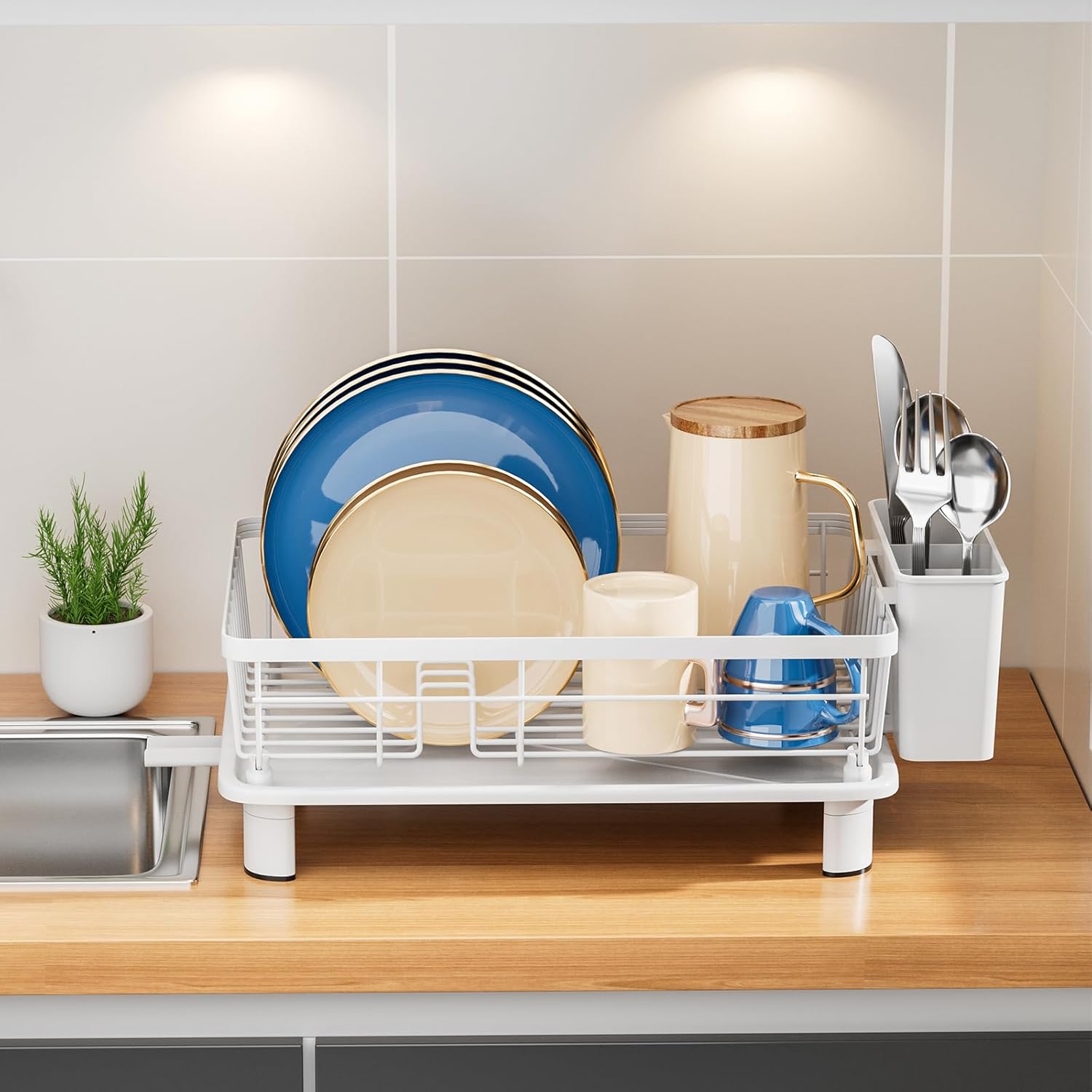 Dish Drainer Rack with Drip Tray Kitchen Dish Drying Rack with 360°Swivel Spout Metal Sink Drainer with Removable Cutlery Holder (White, Small) - Image 7
