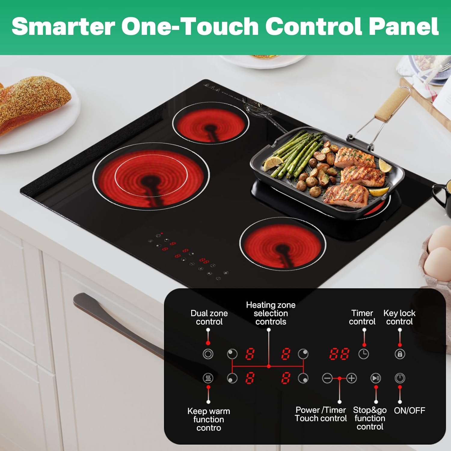4-Zone Electric Ceramic Hob 6700W, Built-In Touch Control Cooktop, Universal Cookware Compatibility, Black Glass, Timer, Child Lock,Touch Control Electric Ceramic Cooktop - Image 8