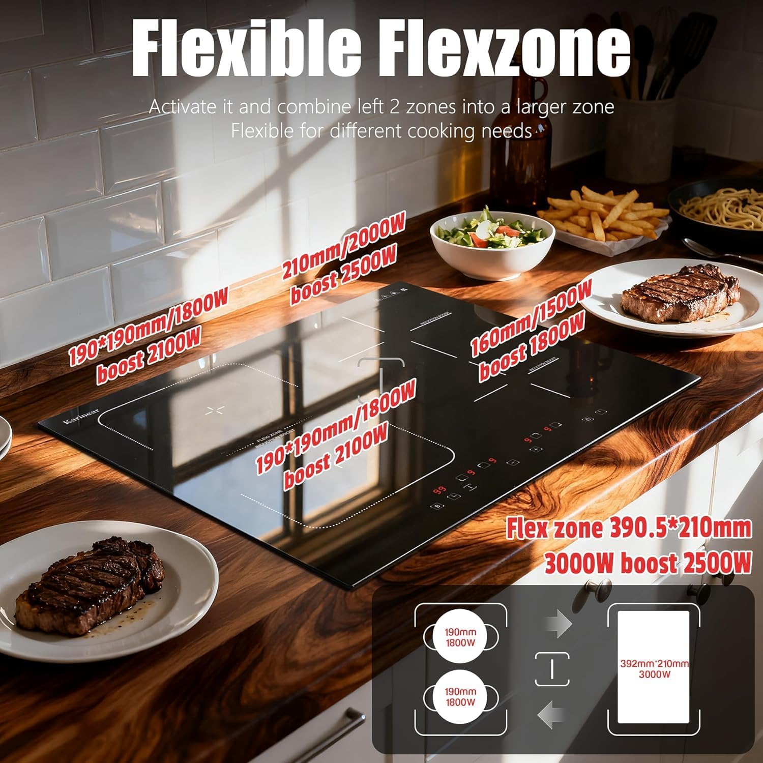 Karinear Flex Induction Hob with 99 Min Timer Safe Lock Black,4 Ring Electric Hob 60cm with Hard Wire(7200W) - Image 2