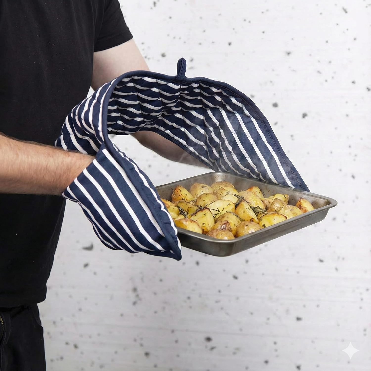 Butcher Stripe Double Oven Gloves Quilted Heavy Duty Cooking Potholder Heat Resistant Mitt 18x90cm (Navy) - Image 2