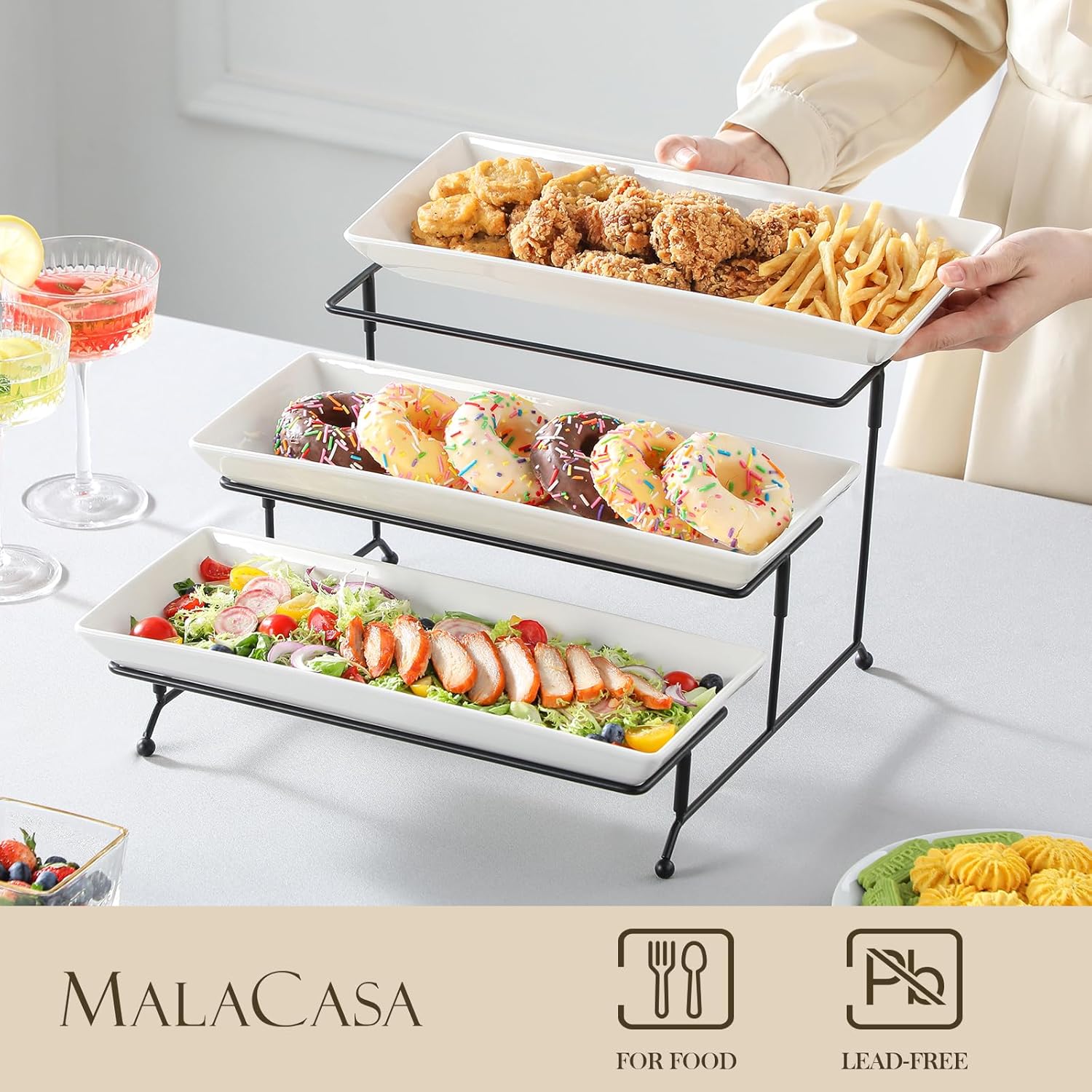 MALACASA 3 Tier Serving Platter, 14 Inch Porcelain Cake Stand with Black Mental Display Stand for Party Supplies, Ceramics Rectangular Serving Dishes for Dessert, Fruit, Cookies, Sushi, White - Image 3