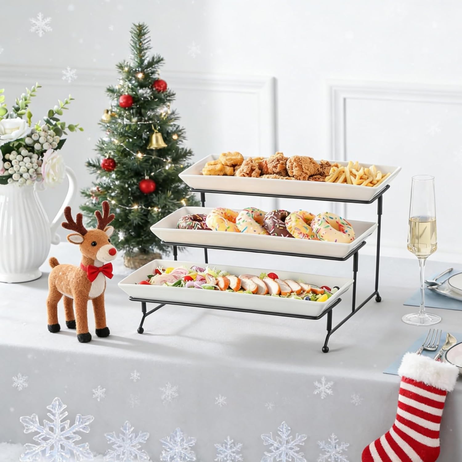 MALACASA 3 Tier Serving Platter, 14 Inch Porcelain Cake Stand with Black Mental Display Stand for Party Supplies, Ceramics Rectangular Serving Dishes for Dessert, Fruit, Cookies, Sushi, White - Image 5