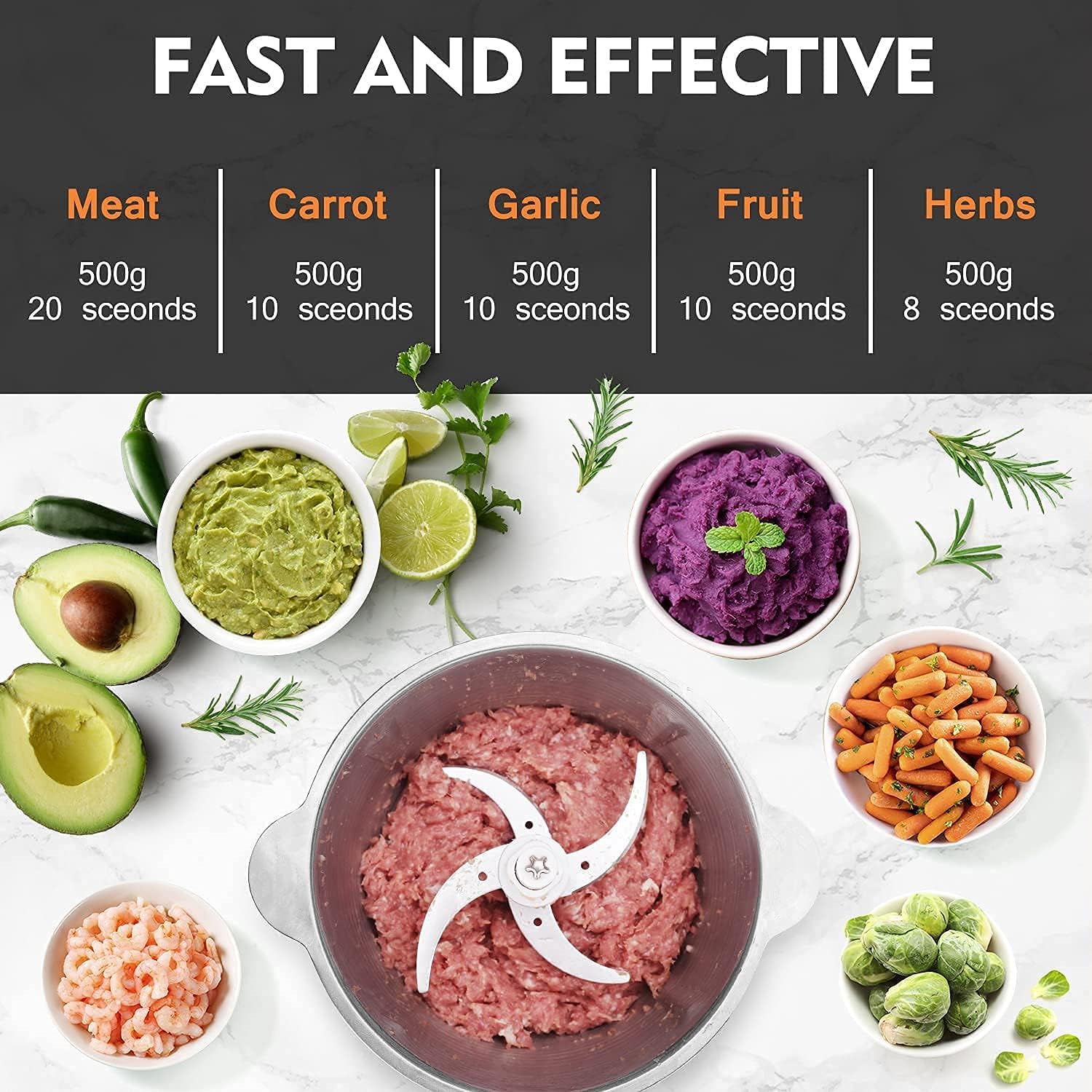 Mini Chopper Electric Food Processor with 2 Litre Stainless Steel Bowl, 2 Speeds, 4 Bi-Level Blades,500W, Silver - Image 2