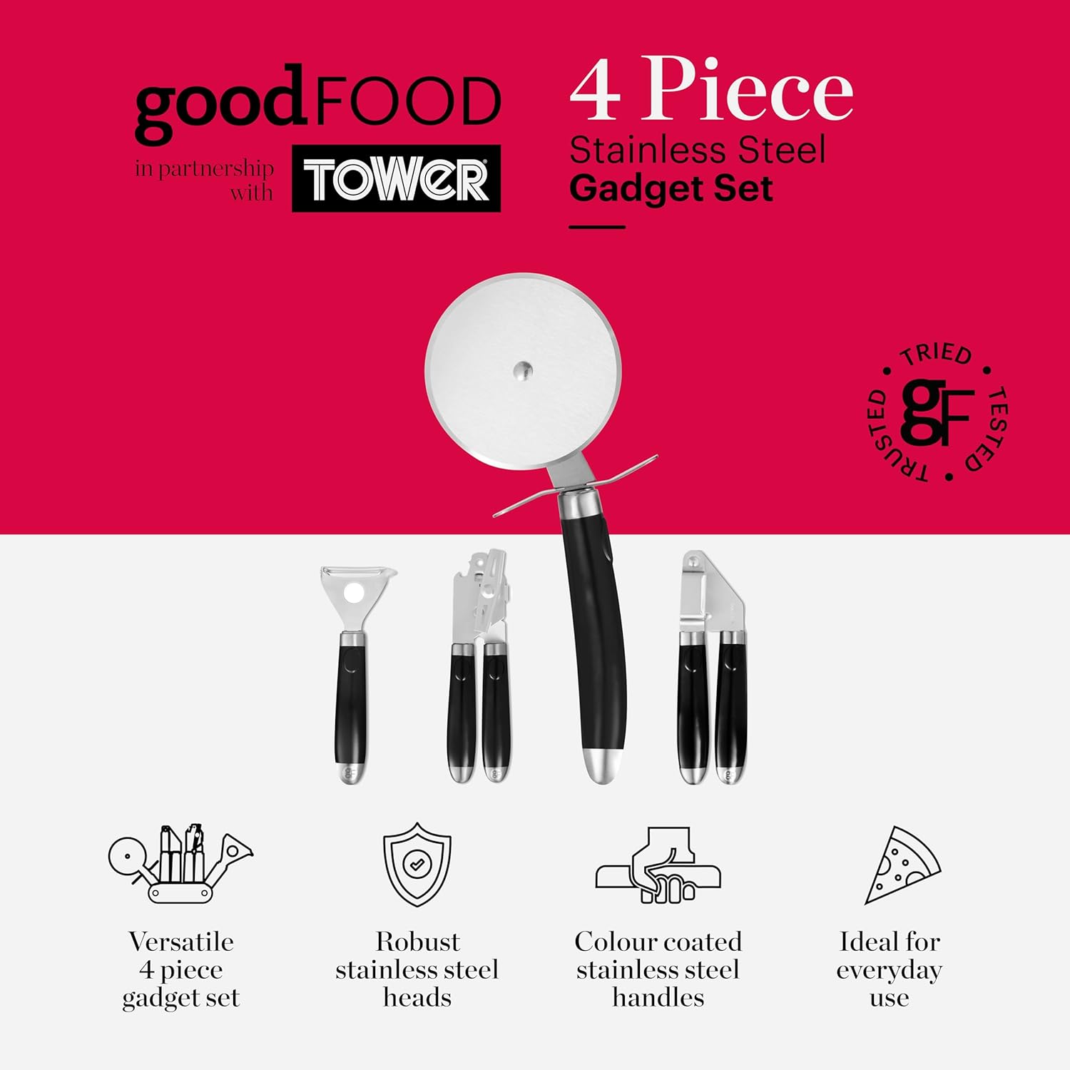 Good Food in Partnership with Tower 4Pc Gadget Set, Pizza Cutter, Y Peeler, Can Opener, Garlic Press, Stainless Steel Heads, Black, GF832253 - Image 2