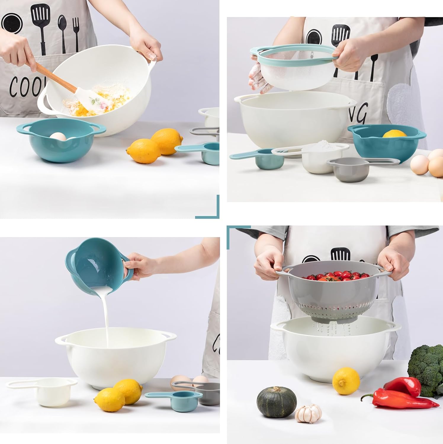 8 Piece Plastic Mixing Bowls Set, Nesting Bowls with Handle Includes 2 Mixing Bowls, 1 Colander, 1 Sifter, 4 Measuring Cups for Kitchen Cooking Baking, Space Saving RV Camping Accessories(Blue) - Image 5