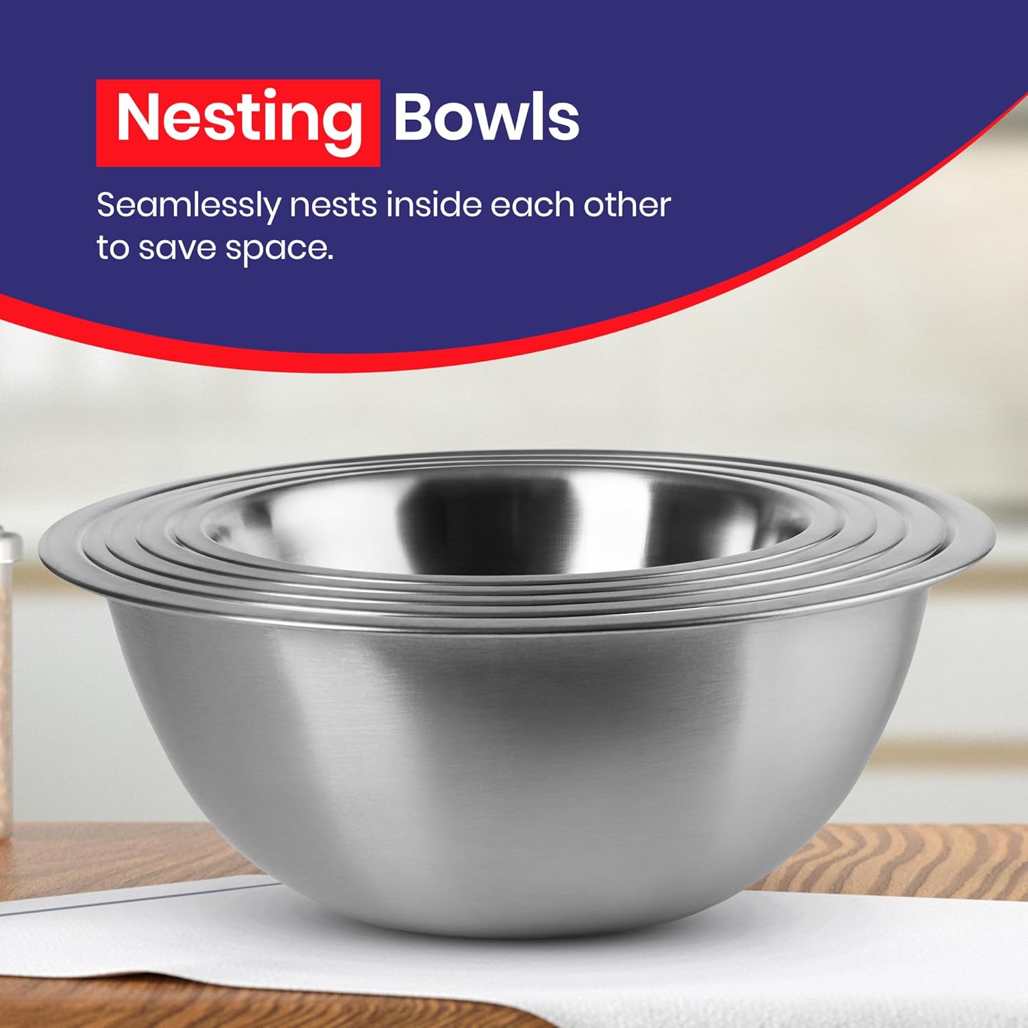 EVOKK Mixing Bowl Set 5 Stainless Steel Mixing Bowls (16,18, 20, 24, 26cm), Mirror Polished, Durable and Lightweight, Nesting Metal Mixing Bowls for Baking, Cooking & Food Prep, Dishwasher Safe - Image 4