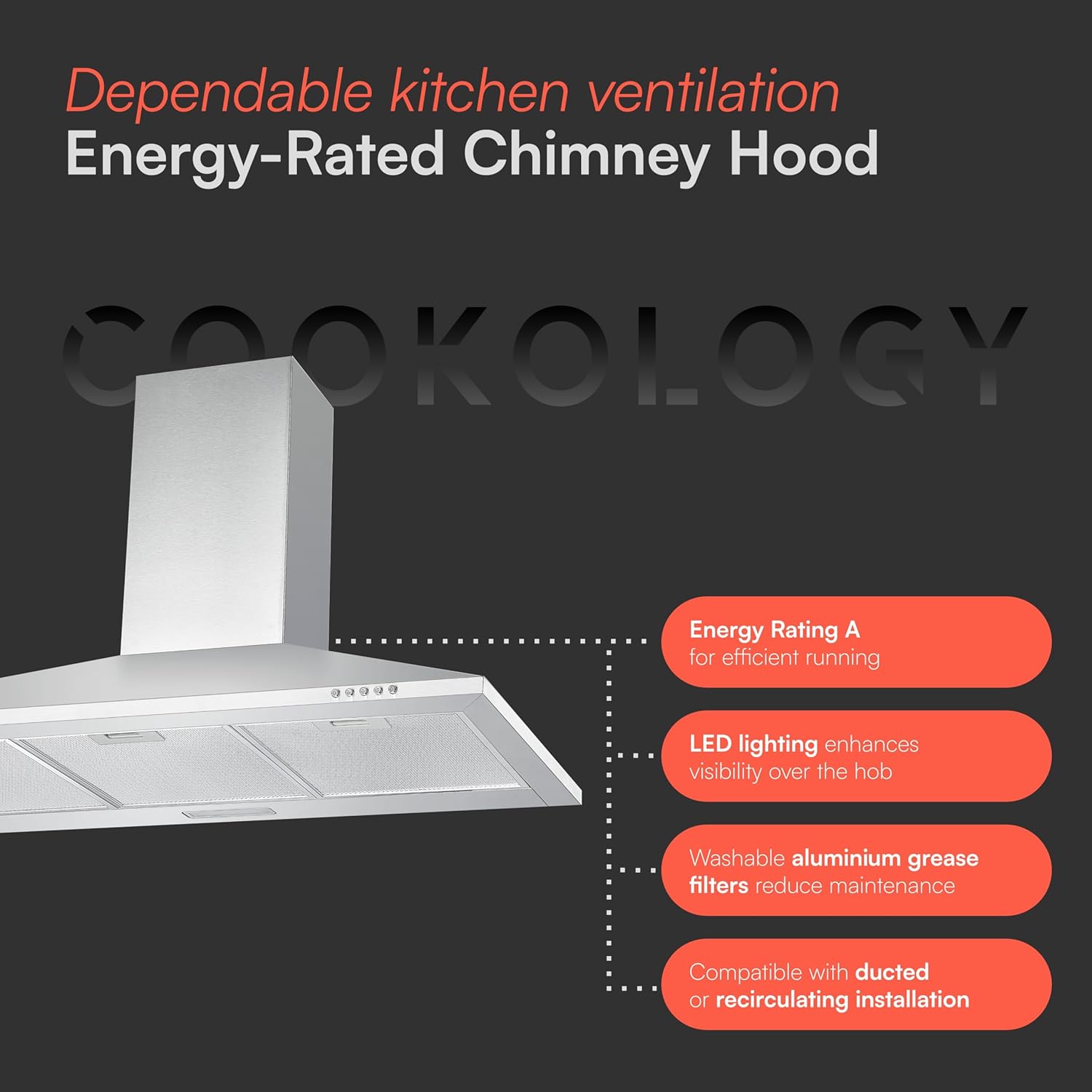 Cookology CH900SS/A 90cm Chimney Cooker Hood Extractor Fan, Energy A Rated, 3 Speed 450m3/hour, LED Lights, Wall Mount Range Hood - in Stainless Steel - Image 6