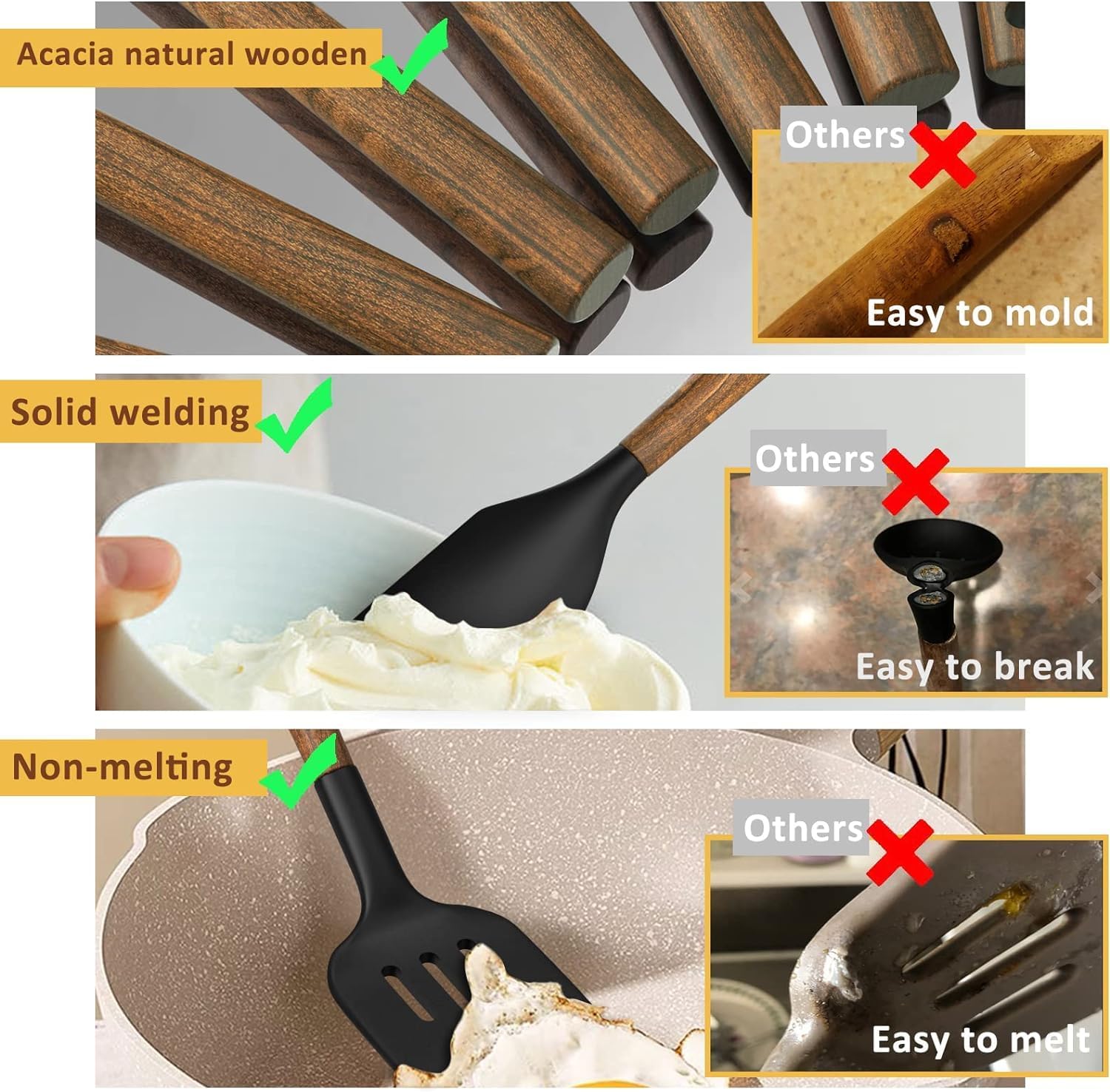 Cooking Utensils Set, 8 PCS Kitchen Utensil Set with Wooden Handle, Black Silicone Kitchen Utensil Accessories, Non-Sticky, Heat Resistant, Easy Cleaning Utensil Set - Image 6