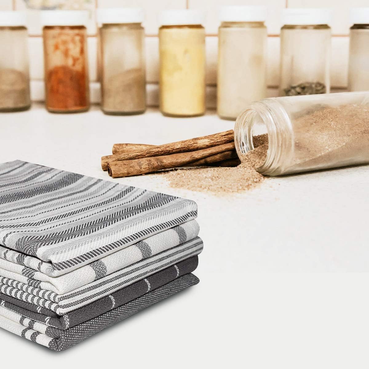 Elfranso Cotton Kitchen Tea Towels - Pack of 5, Absorbent, 70 x 50 cm (Grey) - Image 5