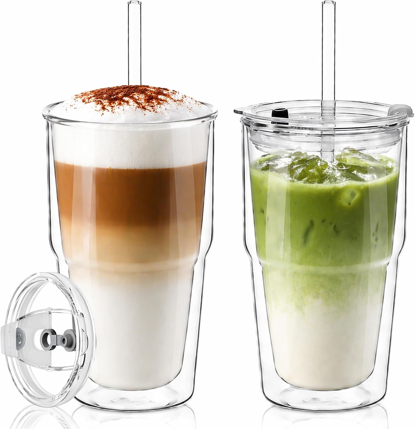 KEMORELA 2 Pack 16oz (480ml) Double Wall Glass Cups with Lids & Straws, Insulated Borosilicate Glass Coffee & Matcha Cups for Daily Use, Reusable Glass Drinkware